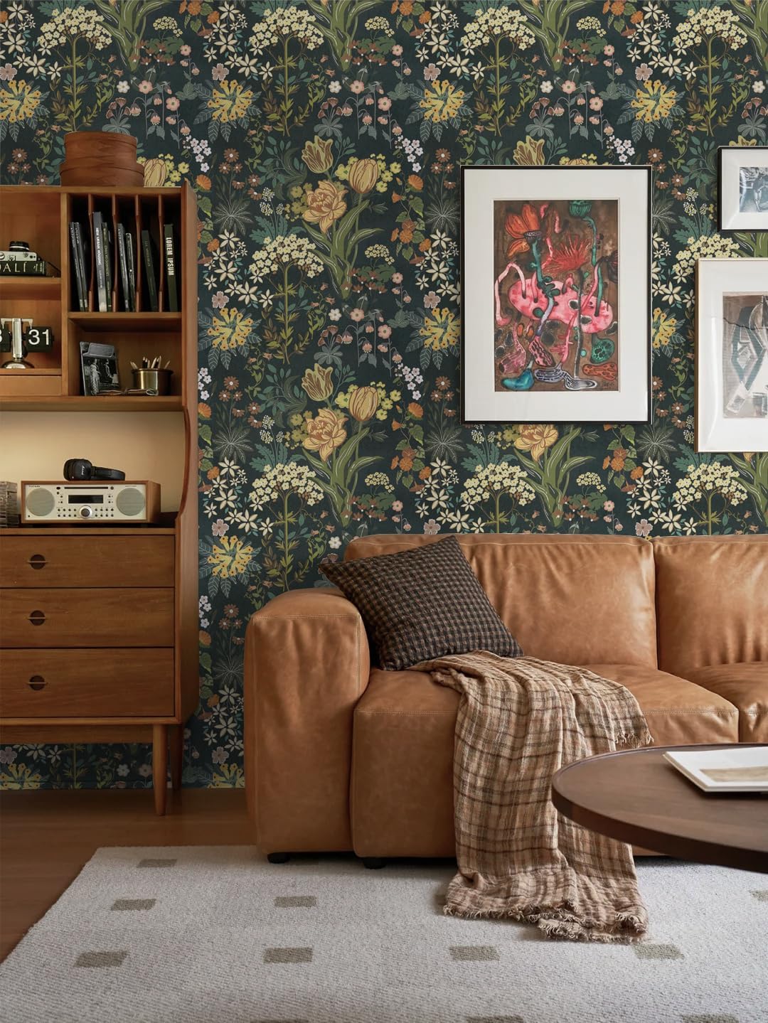 Abyssaly Dark Green Floral Peel and Stick Wallpaper, Vintage Tulip Contact Paper for Cabinets Drawers, Self Adhesive Boho Wallpaper for Bedroom Bathroom 17.7in x 118in