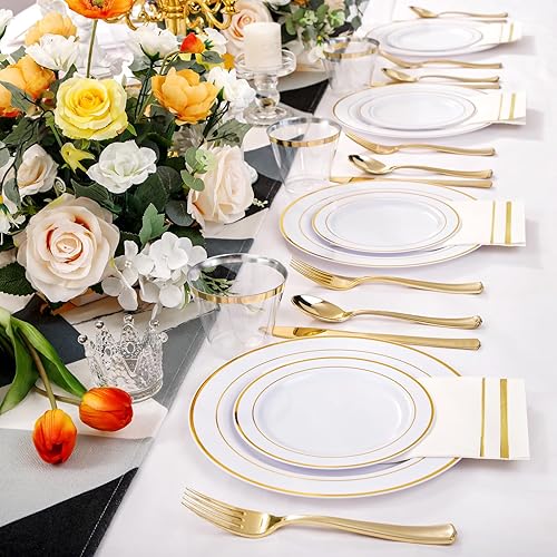 Miniatura 7 de NOCCUR 700 platos de plástico dorados, platos dorados para 100 invitados, platos de plástico blanco con borde dorado, incluyen 100 platos llanos,