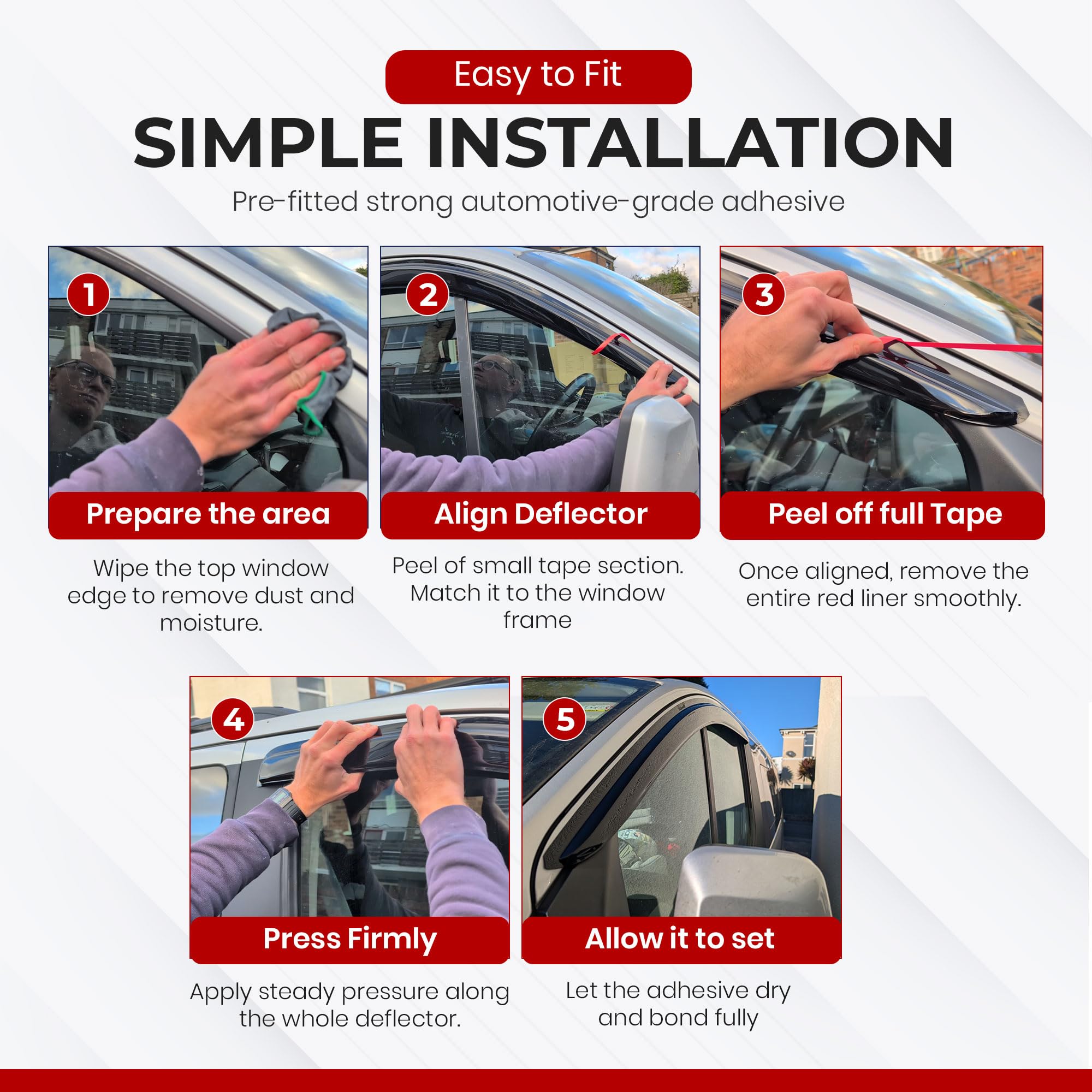 Para adaptarse a: deflectores de viento para Ford Transit Custom 2013 a 2023 – Juego de 2 piezas de ajuste externo, tintados, deflectores adhesivos de alta calidad para conductor y pasajero, reducen