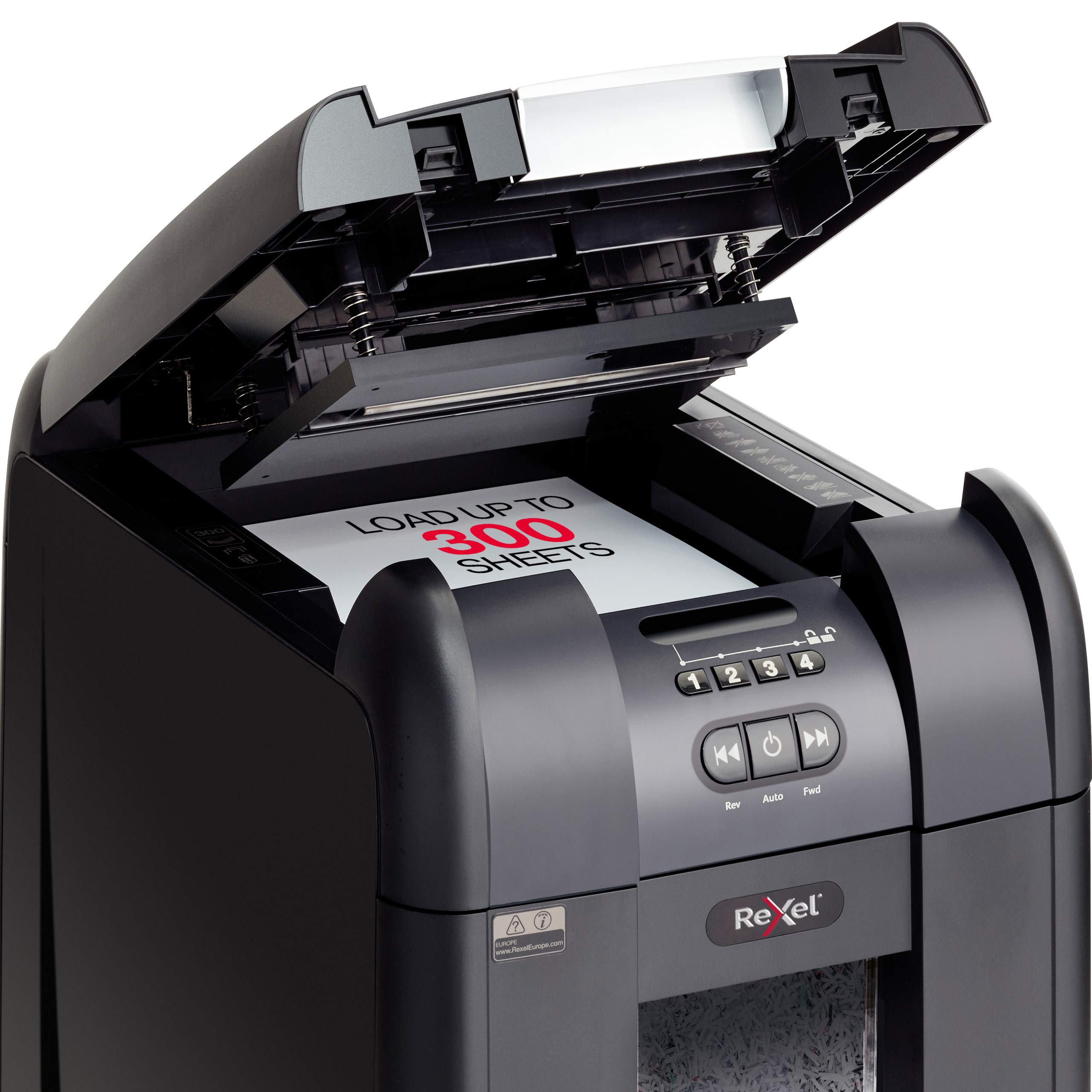 Rexel Auto Feed 300M 300 Distruggidocumenti, Taglio a Micro Frammenti per Uso Piccoli Uffici (Fino a 10 Utenti), Cestino 40L, Include Olio Lubrificante, Nero, Auto+ 300M, 2104300