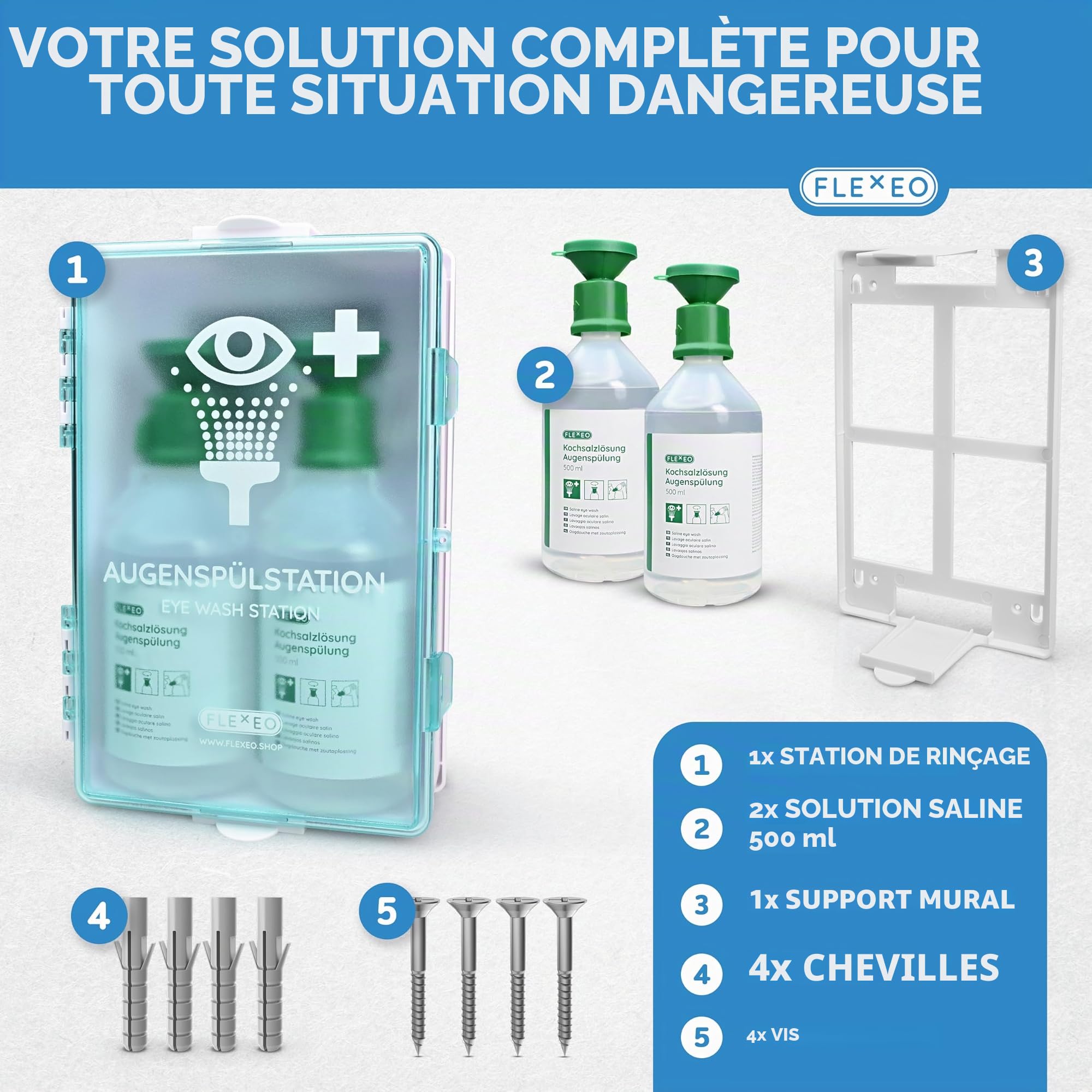 FLEXEO Station de lavage oculaire contient 2 bouteilles de 500 ml de solution saline et support mural - stérile 0,9 NaCl - eyewash - Rince-œil - station d'urgence