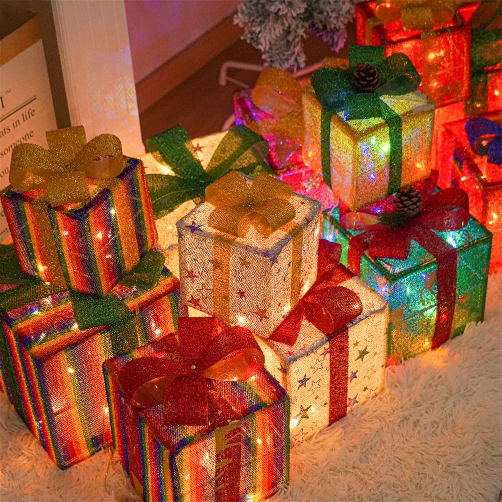 3 scatole natalizie illuminate a LED, scatole regalo ornamentali, decorazione luminosa per esterni e interni
