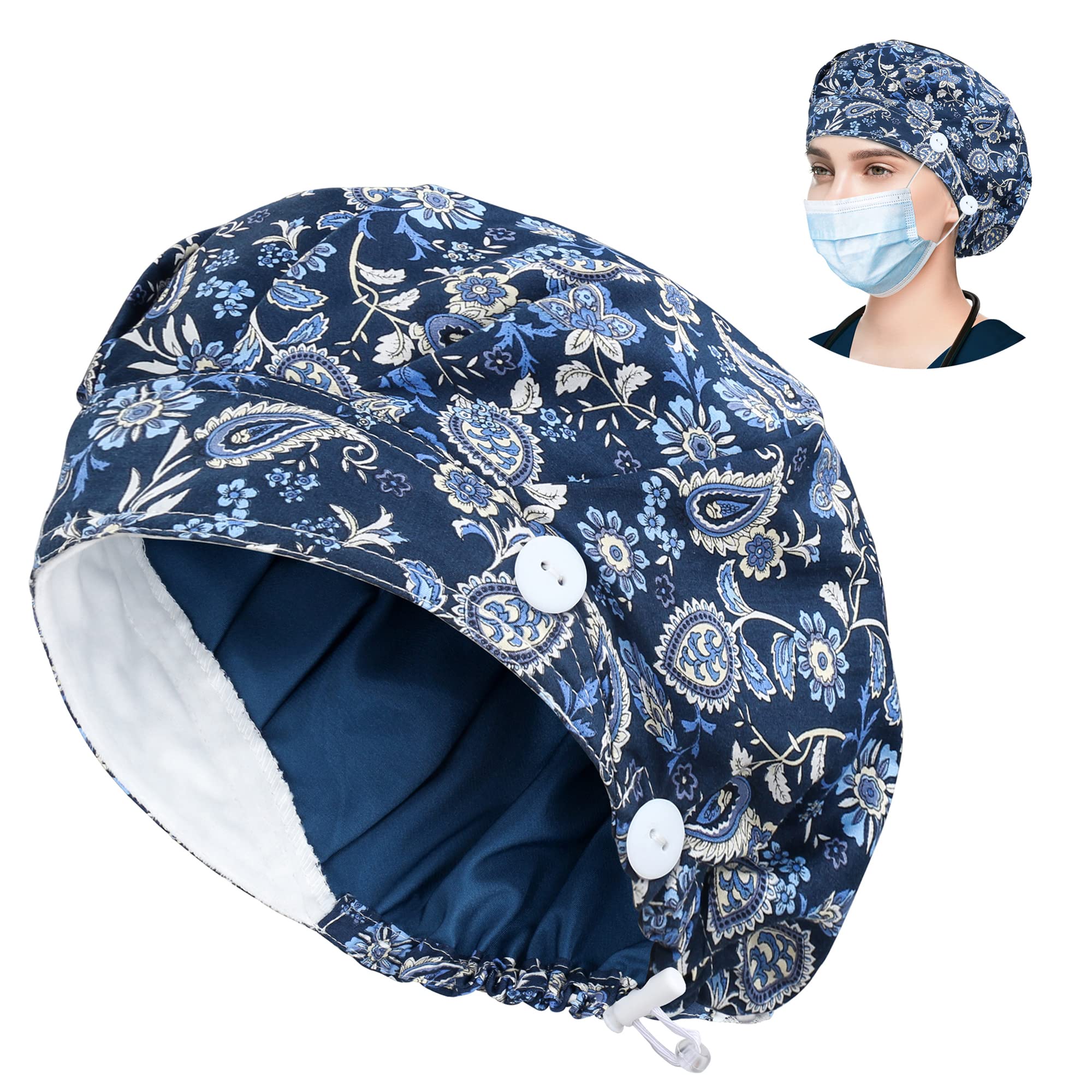 ABAMERICA Bouffant Caps with Button and Sweatband, Adjustable Scrub Caps for Women Men, One Size Multi Color