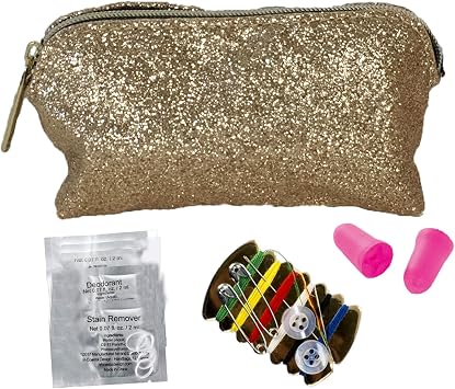 S.O.S. Womens Gold-Tone Mini Travel Makeup Case, 23-Piece Glitter Cosmetic Bag, Portable Beauty Kit