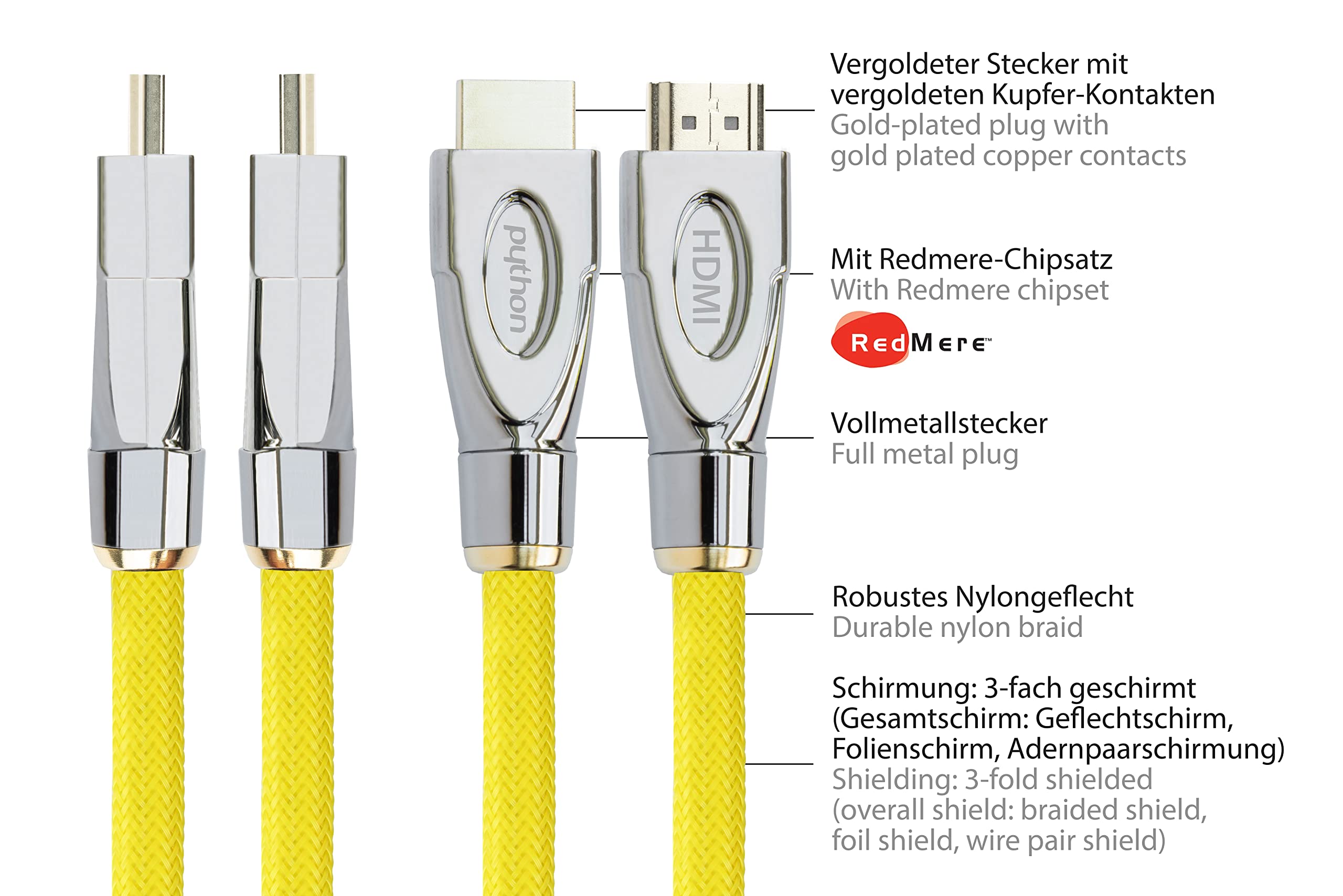 PYTHON® Series Premium - Cable HDMI activo de alta velocidad con Ethernet (4K2K, UHD, Ultra HD, Full HD, OFC), 30 m, con triple apantallamiento, nailon trenzado, color amarillo