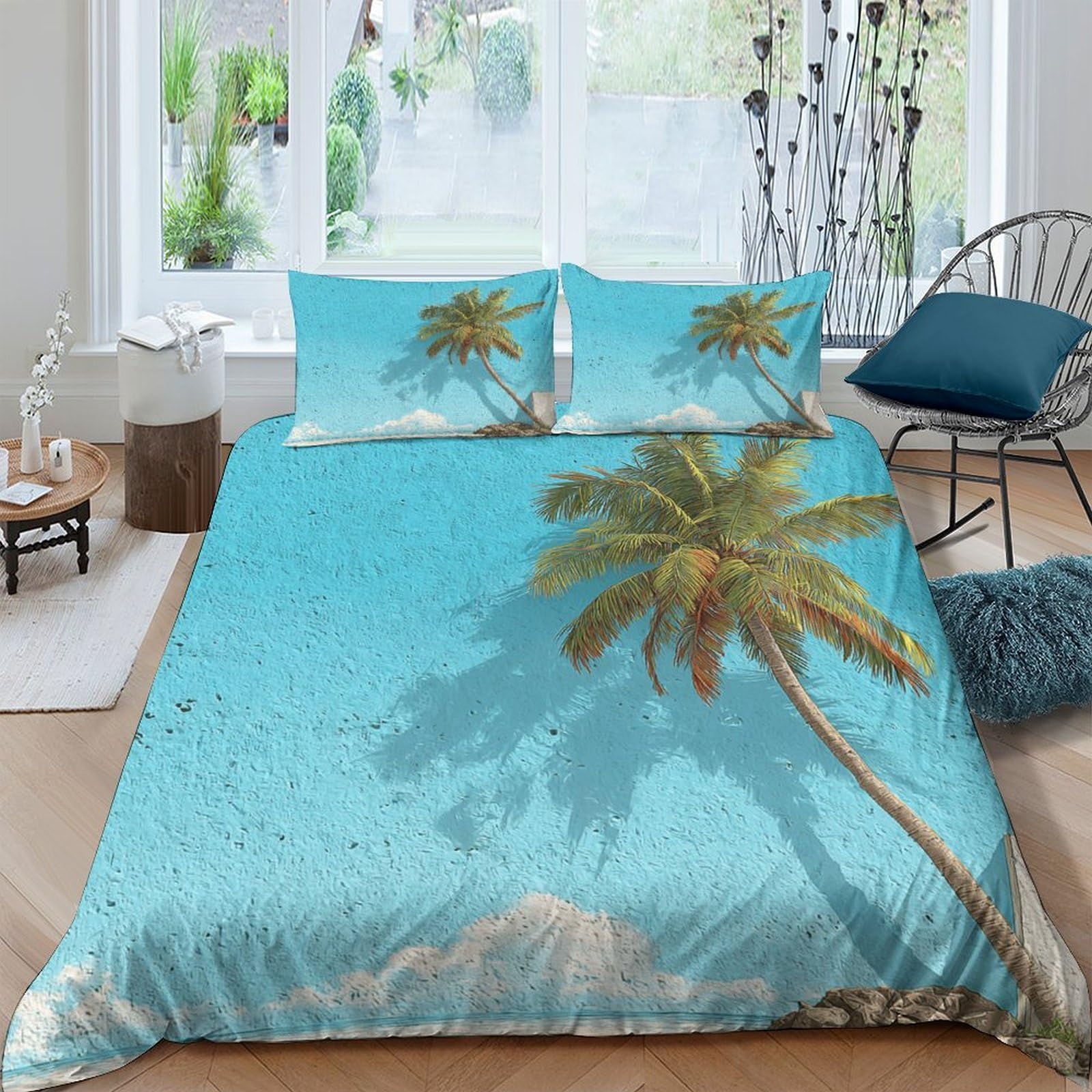 GPLZQXKJNH 3D Printed Palm Tree Beach Duvet Cover Microfiber Breathable Ocean Sunset Bedding Set with 2 Pillowcases for Bedroom Decor Single（135x200cm）