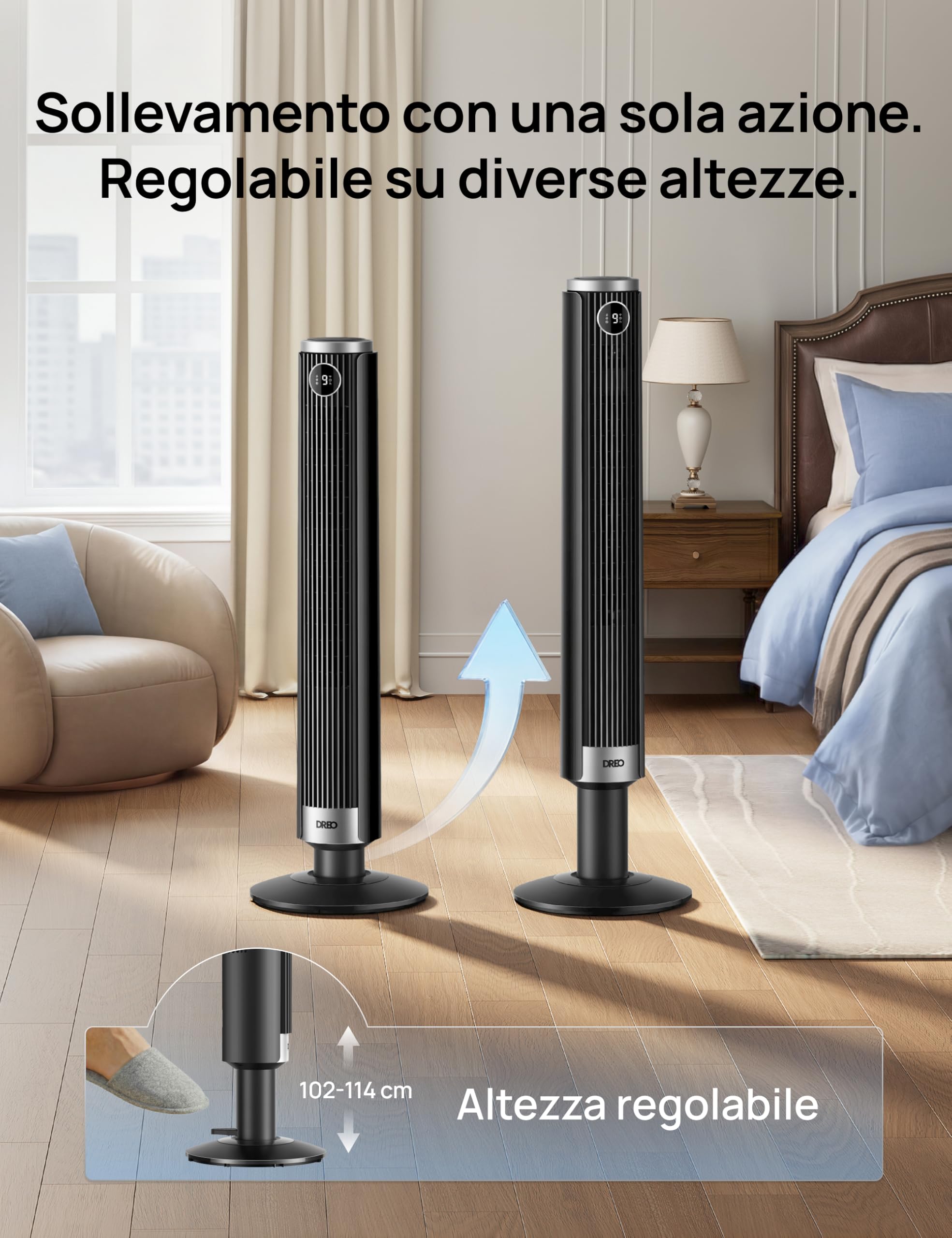 DREO Ventilatore a Torre Smart 554S, Ventilatore a Torre Regolabile 102–114cm per Camera, 8.4 m/s, Oscillazione 90°, Silenzioso 20 dB Dormire, 9 Velocità, 4 Modalità, Timer 12 h per Casa e Ufficio