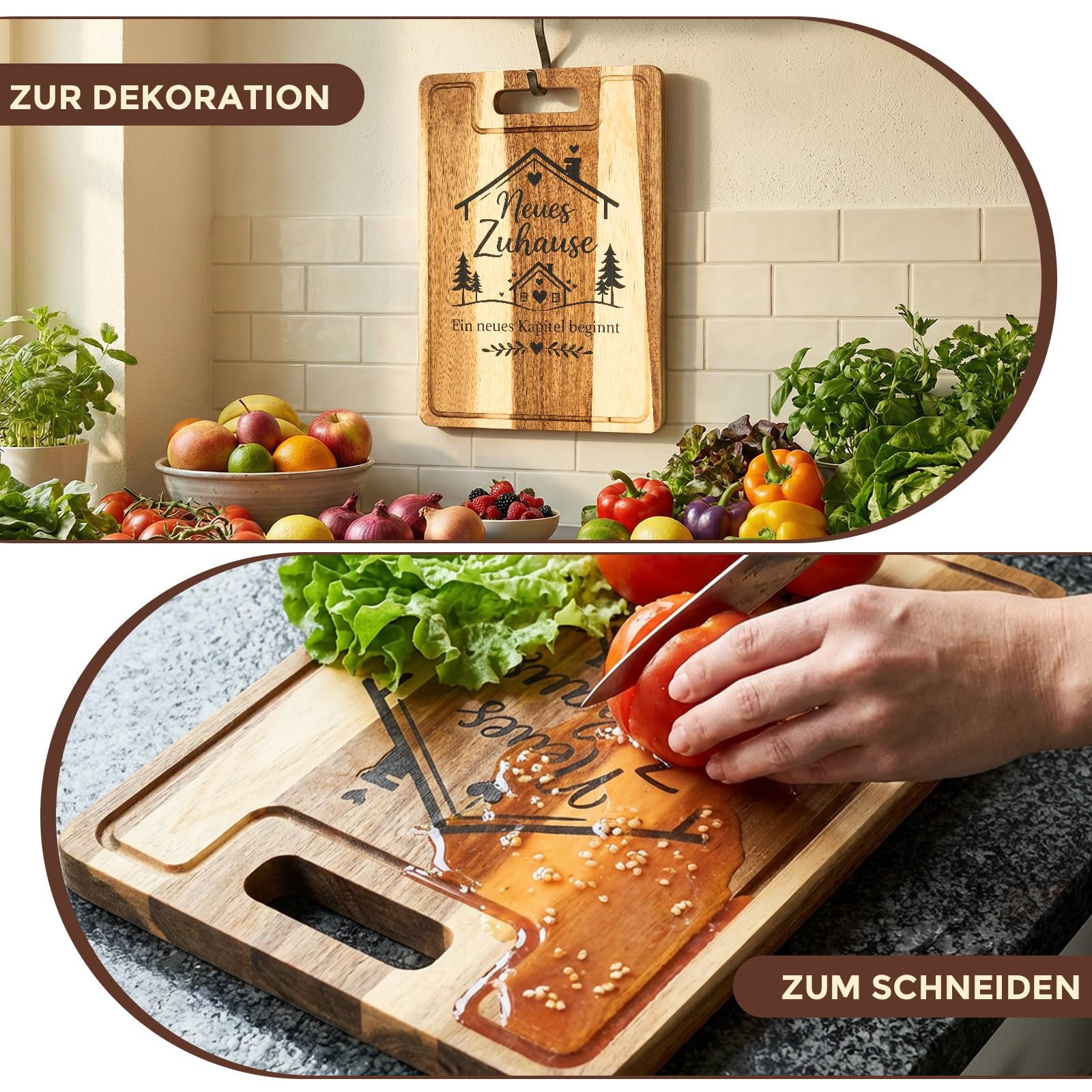 Einzugsgeschenke Wohnung - 38x28x2cm Akazienholz Schneidebrett mit Saftrille - Edles Einweihungsgeschenk Wohnung, Geschenk zum Einzug ins Haus, Richtfest Geschenk mit Leinentuch & Geschenkbox