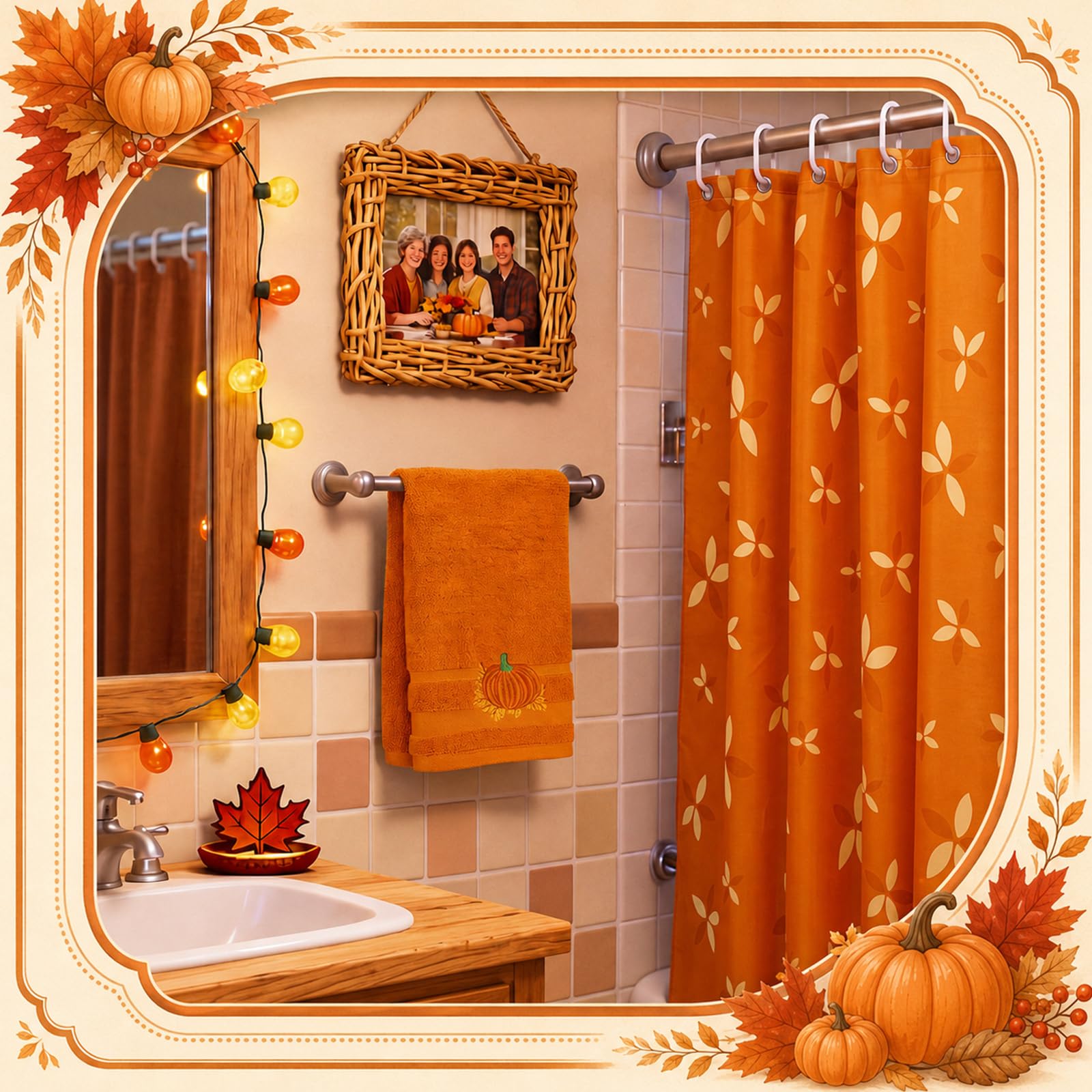 Frienda Duschvorhang-Set mit Teppichen und Handtüchern, Herbstblätter, Badezimmer-Duschvorhang mit Haken, rutschfest, saugfähig, Mikrofaser, Kürbis-Badetücher für Herbst, Badezimmer, Dekoration