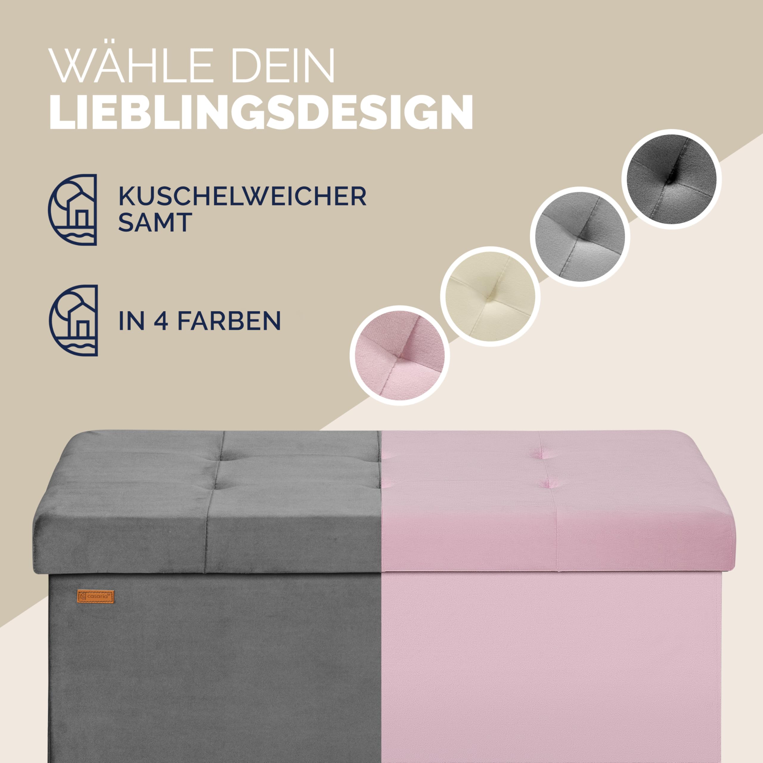 Casaria® Sitzbank mit Stauraum Anthrazit Samt mit Holzfüßen Faltbar Sitzbank 300kg Belastbar 76cm Truhe Wohnzimmer Schlafzimmer Flur Truhenbank Bank