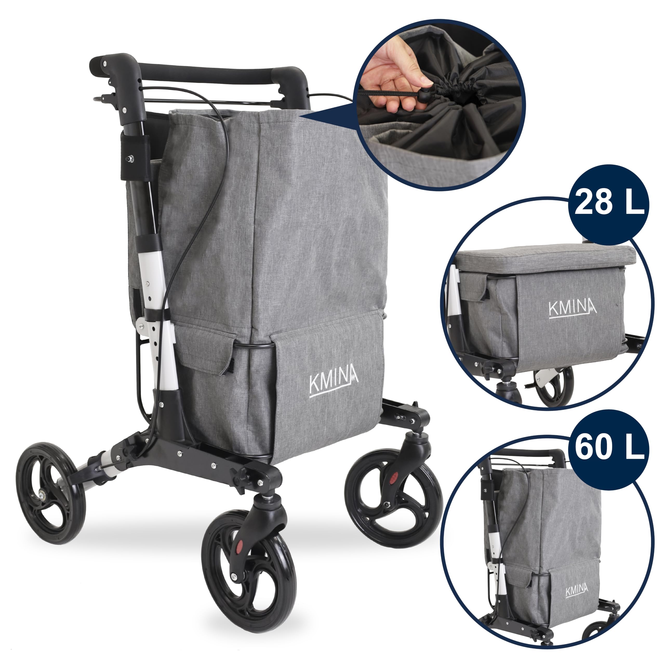 KMINA Carrello Spesa con Seduta, Deambulatore Anziani Pieghevole, Grigio | Schienale e Borsa Espandibile fino a 60 L, 4 Ruote Girevoli, Freno a Leva Singola, Altezza Regolabile, Alluminio