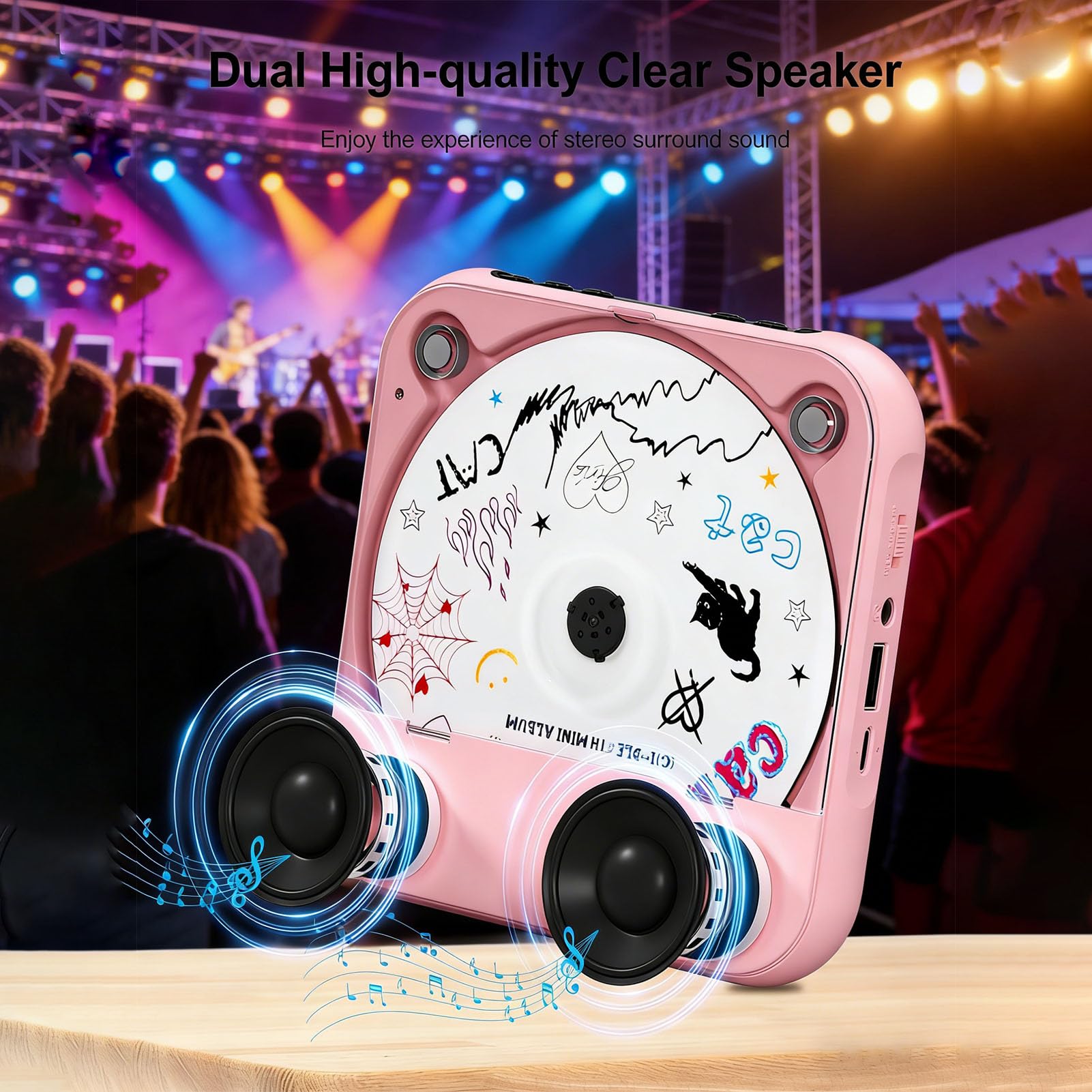 Cocoarm Lettore CD Portatile, Lettore CD Portatile Ricaricabile con Bluetooth 5.3, Doppi Altoparlanti Stereo, Batteria da 2000 MAh, Display LCD, Cuffie USB AUX per Casa, Auto all'aperto (PINK)