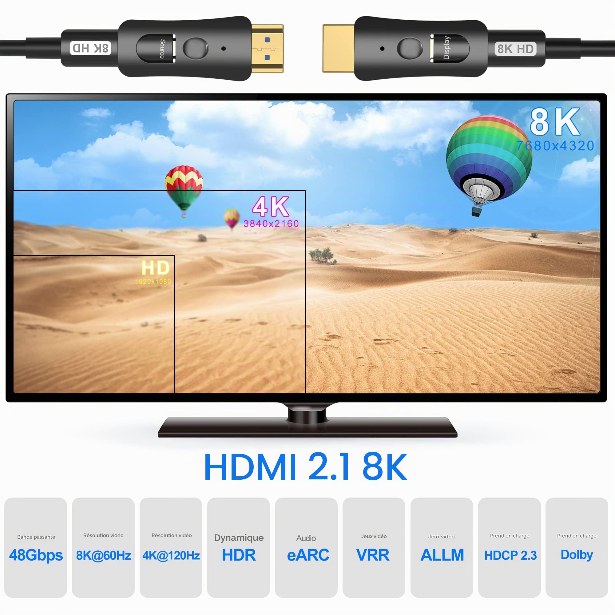YIWENTEC HDMI Fibre Optic Cable HDMI 2.1 Cable 48 Gbps High-Speed of 8K @ 60Hz 4K @ 120Hz Support Dolby Dynamic HDR HDCP 2.3 Earc with Micro HDMI Pull Type
