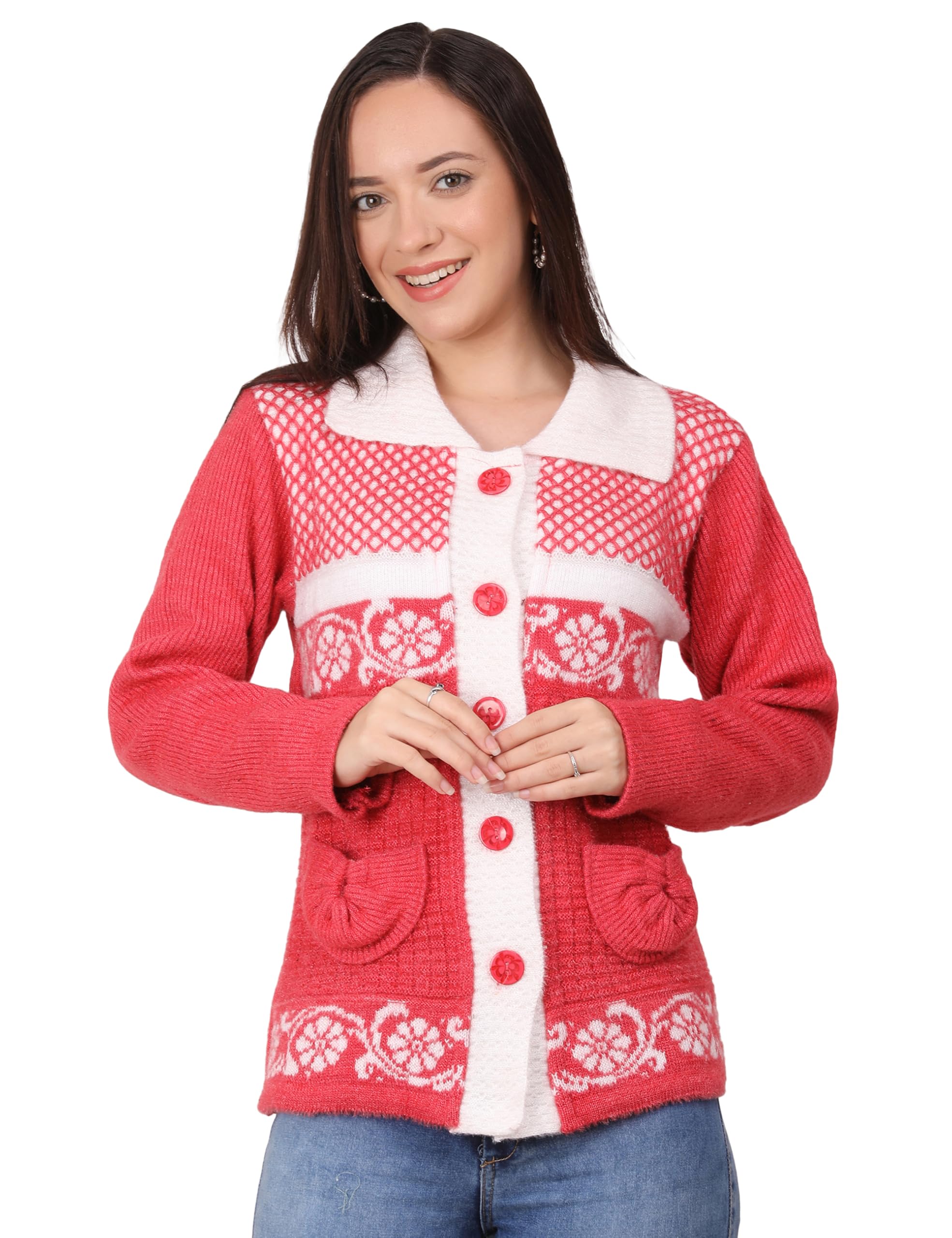 Women Collared Neck Casual Wear Stylish Cardigan Sweaters with Front Pockets for Winter (Pink-M)-picture-38
