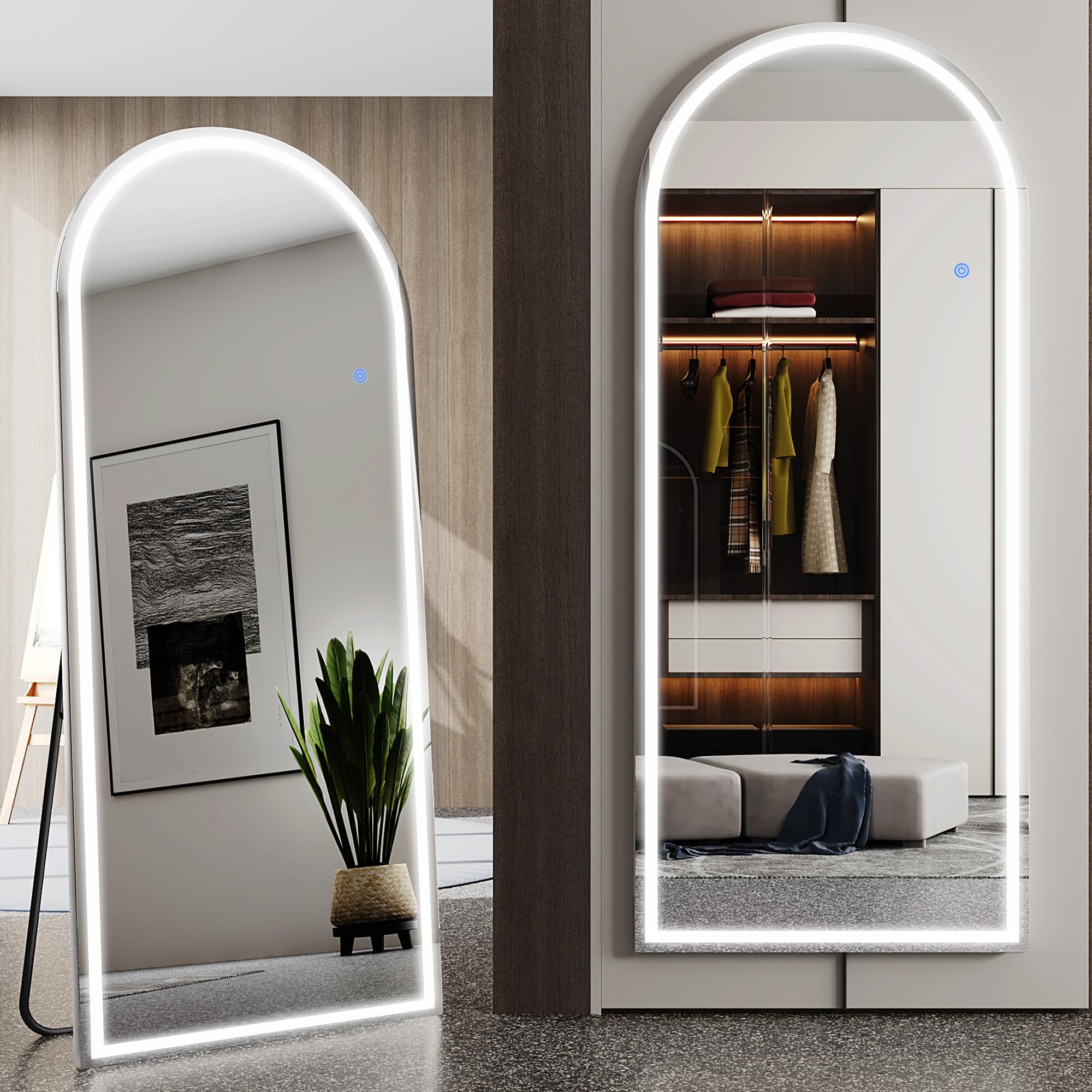 Antok LED Full Length Mirror, 59" x 22" Lighted Floor Standing LED Mirror Full Length,Hanging Mirror with Stand Free Standing Floor Mirror for Bedroom (Arched)