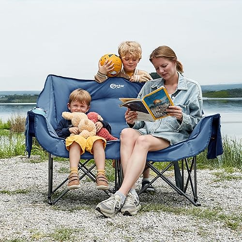 Miniatura 8 de PORTAL Silla de campamento doble, sofá biplaza plegable para 2 personas para adultos, cojín acolchado, para campamento, césped, sofá portátil con