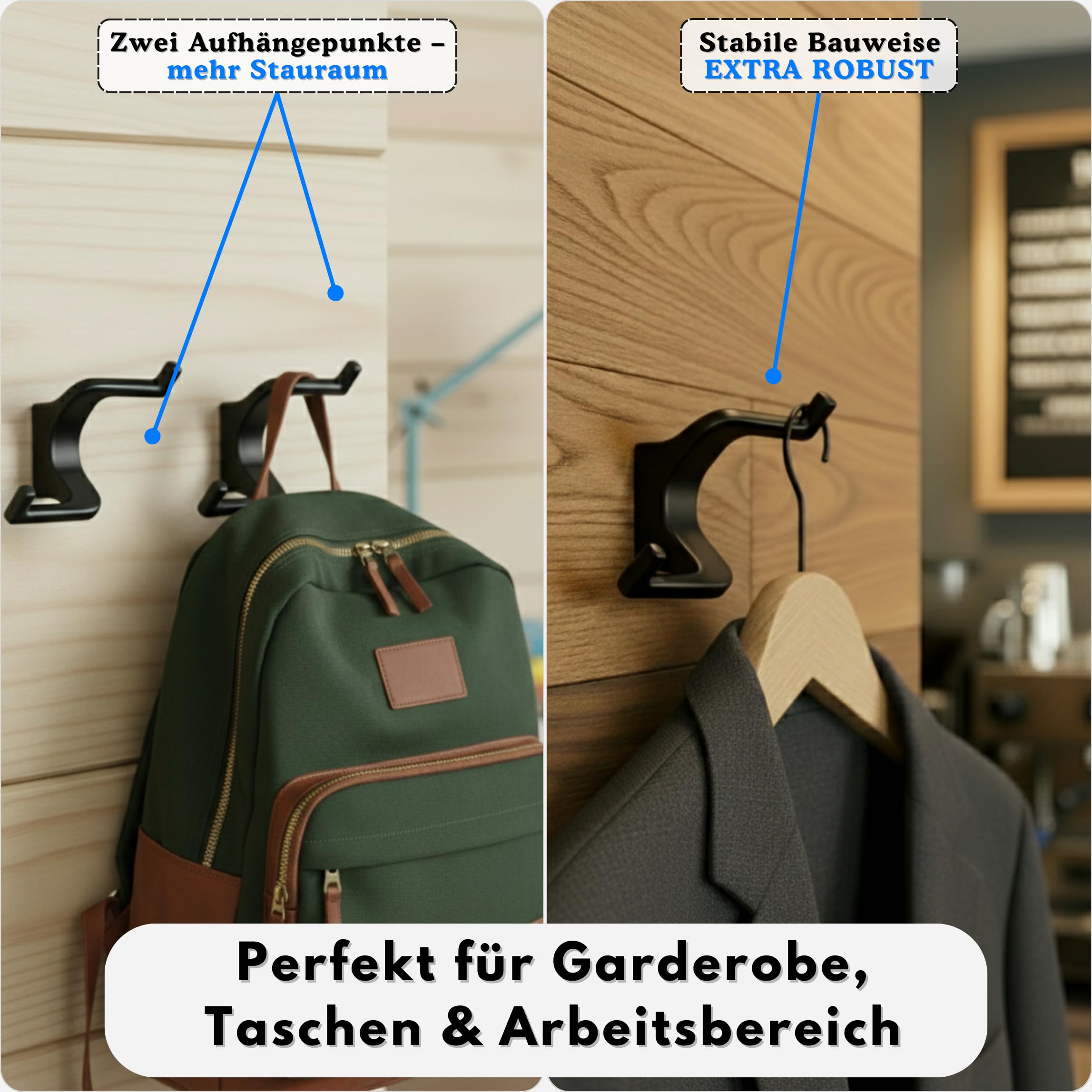 Wandhaken Schwarz Matt 4er Set – Doppelhaken aus Zinklegierung | Verdeckte Schrauben | Bis 5 kg | Garderobenhaken für Flur, Bad, Küche & Schlafzimmer