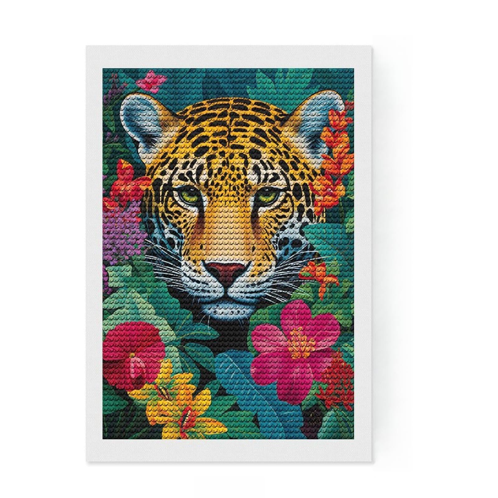 Junmoney Jaguar Tropical Bloom Diamond Art Canvas 8"x12", Stress Relief Craft, Neat Printed Canvas, Modern Decor, for Family Craft Time