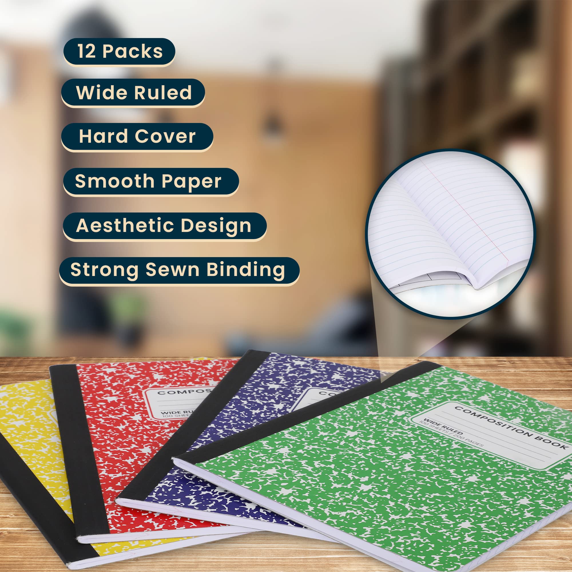 Quaderno a righe larghe, con composizione a righe larghe, carta per quaderni a righe larghe, 100 fogli (200 pagine), rilegatura cucita, copertina in marmo resistente, colori assortiti (12 pezzi)