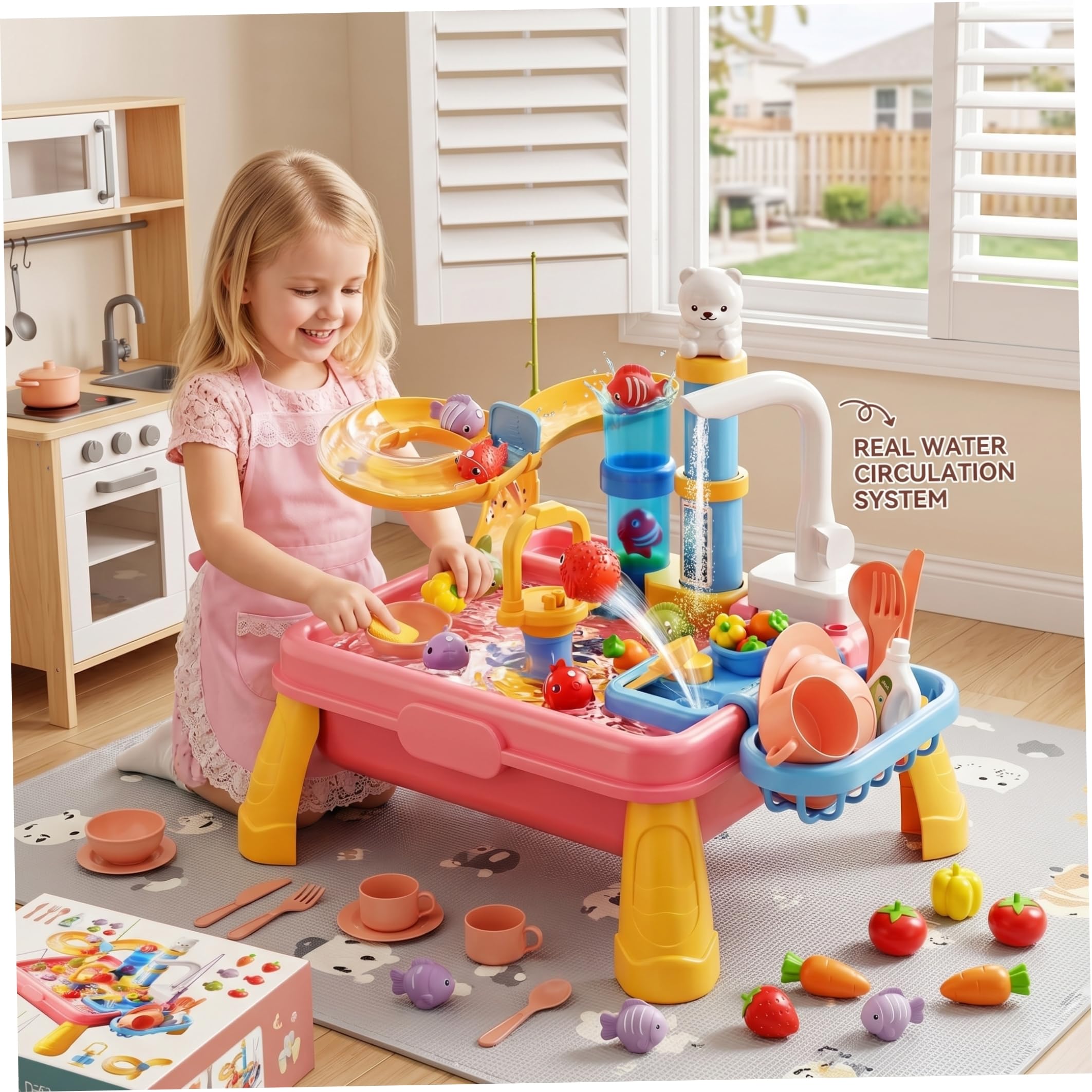 Lavandino Giocattolo con Acqua Corrente Tavolo da Gioco Acquatico 7 in 1 per Bambini con Giocattolo da Pesca Cucina realistica per Giochi di Ruolo circolazione Automatica per Bambini Style1