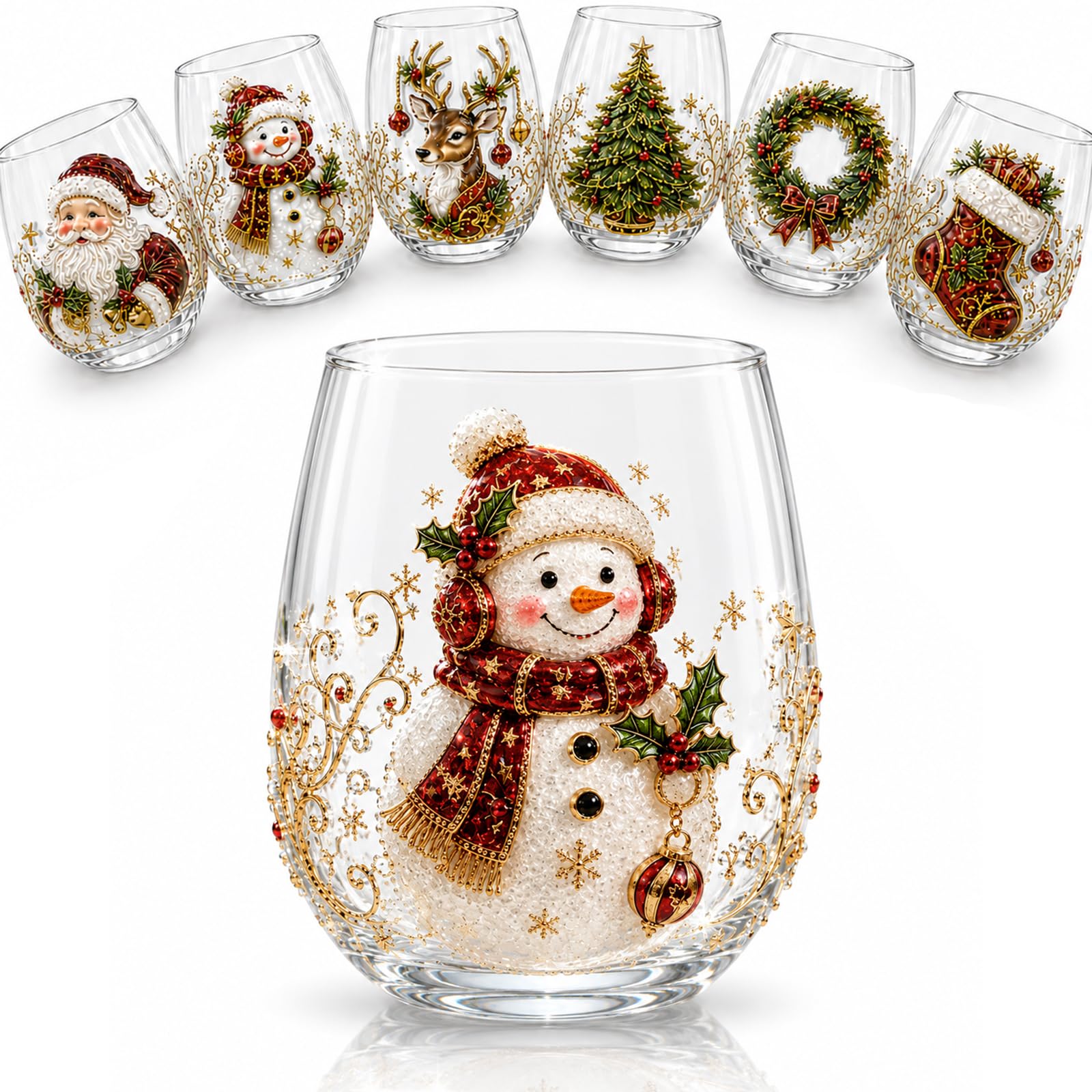 3D Christmas Glass Art Cup 3D Xmas Drinking Glass Cup Collection (Snow)