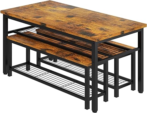 Miniatura 8 de AWQM Juego de mesa de comedor de 43.3 pulgadas para 4, mesa de comedor de cocina con 2 bancos, juego de mesa de comedor con marco de metal y estante