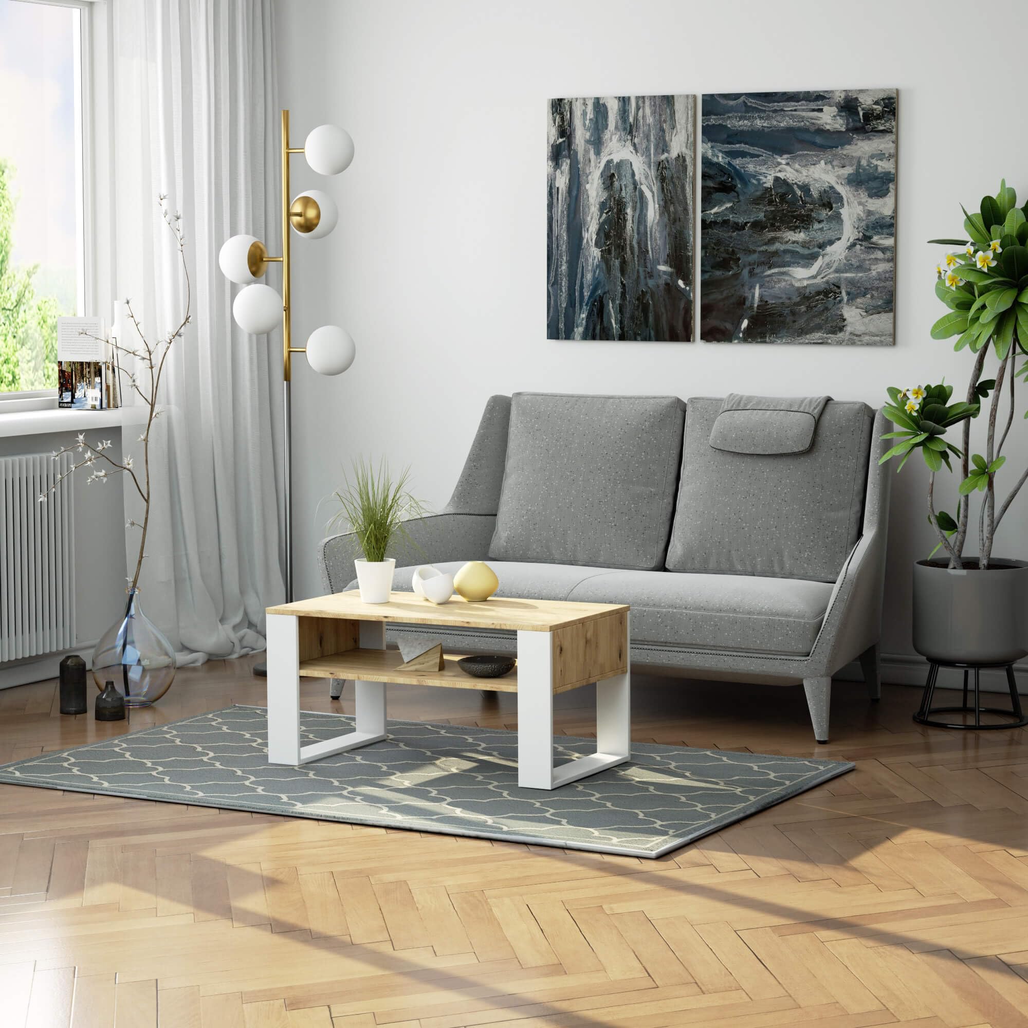 AKORD Mesa de Centro DOMI, Roble Artisan, 92 cm, Frontales Blancos Mate, 92x53x45 cm