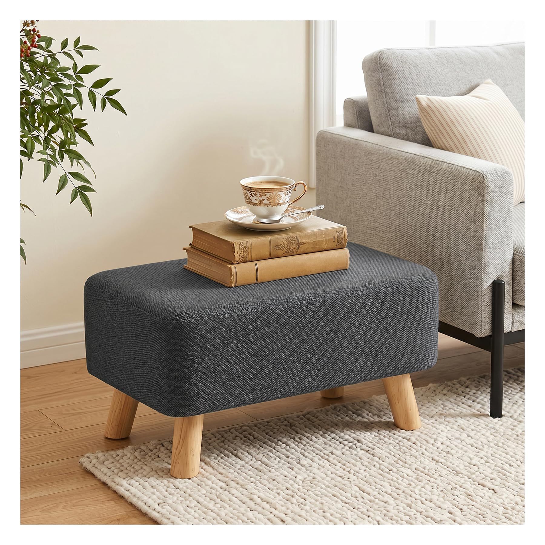 INMOZATA Linen Fabric Footstool, 57x28x26cm Rectangle Upholstered Foot Rest Change Shoe Foot Stools with Wooden Legs for Living Room Bedroom (Dark grey)