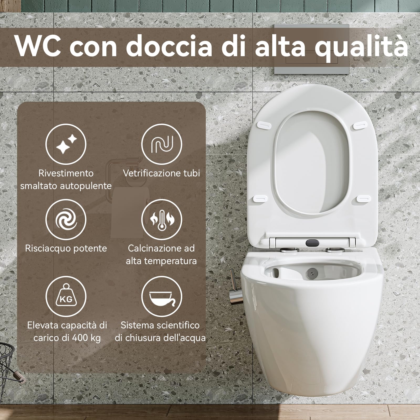 HOROW WC con ugello integrato, WC sospeso con funzione bidet, Taharet WC con rivestimento nano-rivestimento, WC con rubinetto, sedile WC con abbassamento automatico, acqua fredda, 53 x 36 x 35 cm