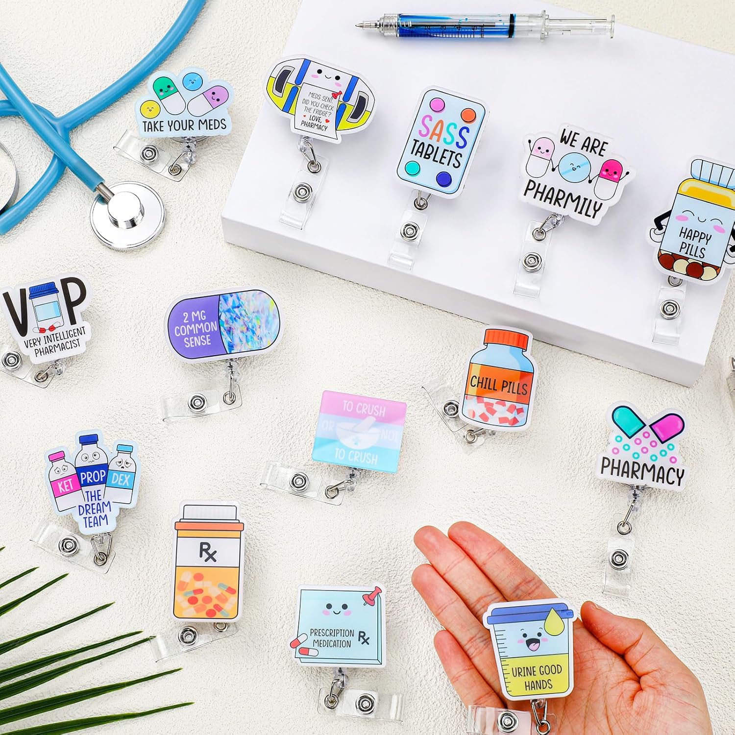 Suncalla 16 Pcs Pharmacy Badge Reel Funny Pharmacy Technician Gifts Retractable Nurse Badge Reel for Doctors Nurses Week Gift RN Medical Assistant CNA Supplies