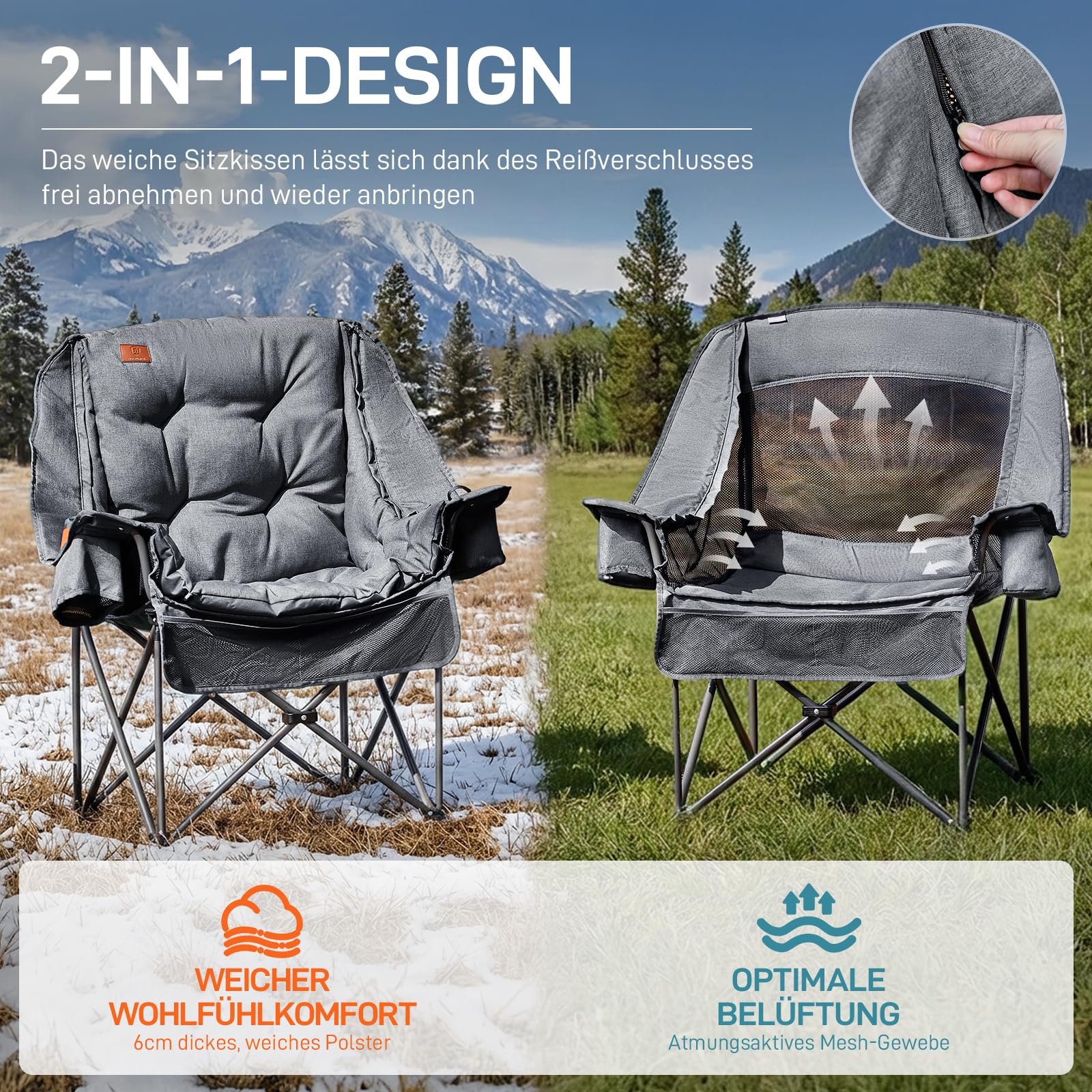 EVER ADVANCED 2-in-1 Campingstuhl Faltbar 180kg Belastbar mit Abnehmbarer 6cm Polsterung für 4-Jahreszeiten Komfort, Klappstuhl Inkl. Kühltasche & Getränkehalter, Perfekt für Camping, Angeln, Vanlife