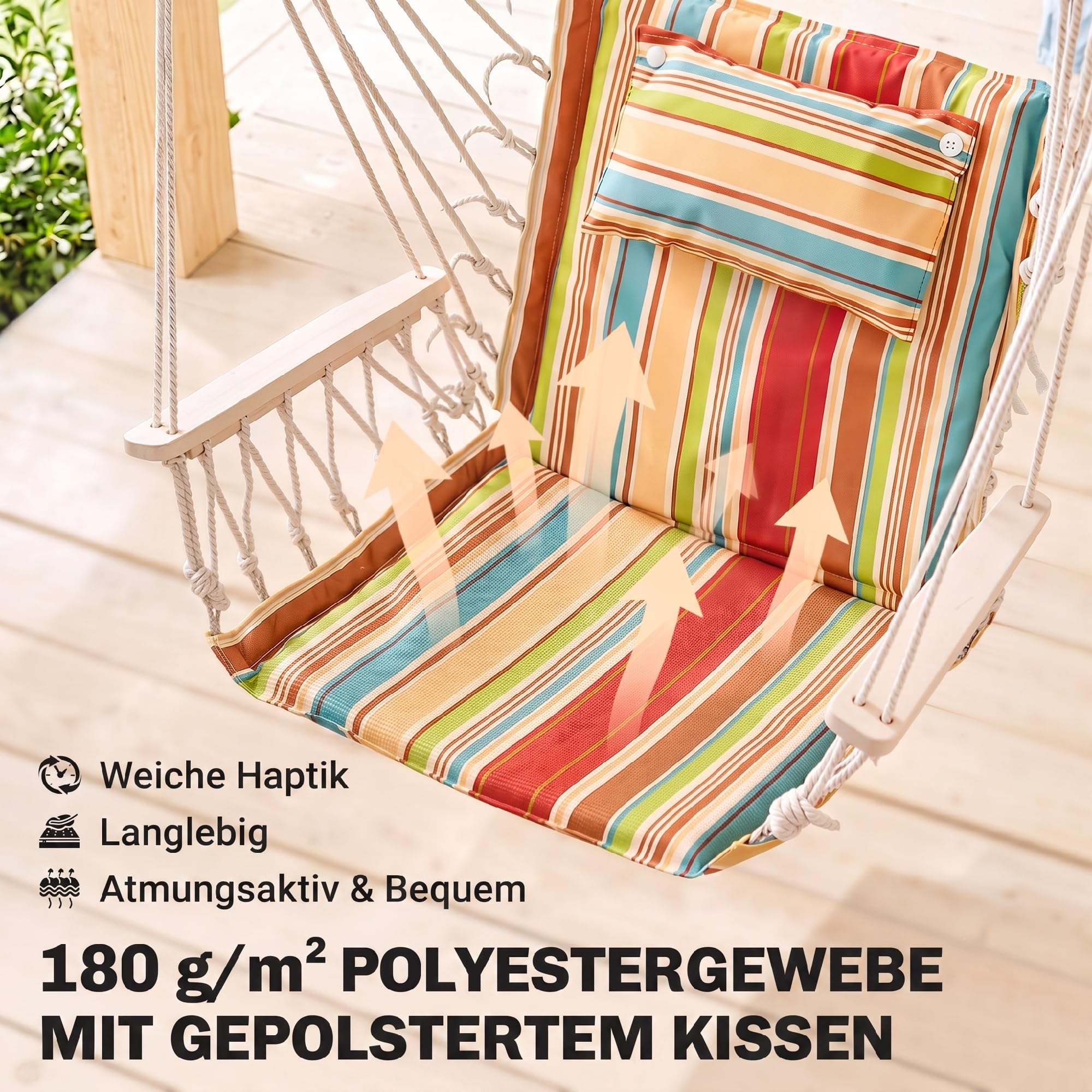 Outsunny Fotel wiszący huśtawka z poprzeczką, poduszką, wielokolorowy | Hak sufitowy, stelaż, fotel wiszący, do 100 kg, siedzisko wiszące, do wnętrz, na zewnątrz, ogród, taras