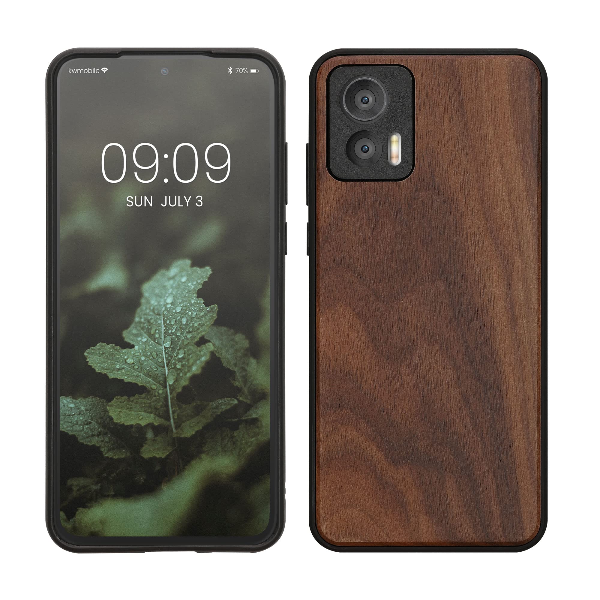 kwmobile Custodia Compatibile con Motorola Moto G52 / Moto G82 5G Cover - Back Case in Legno con Bumper in Silicone TPU - Fatina Luna Madreperla Marrone Scuro