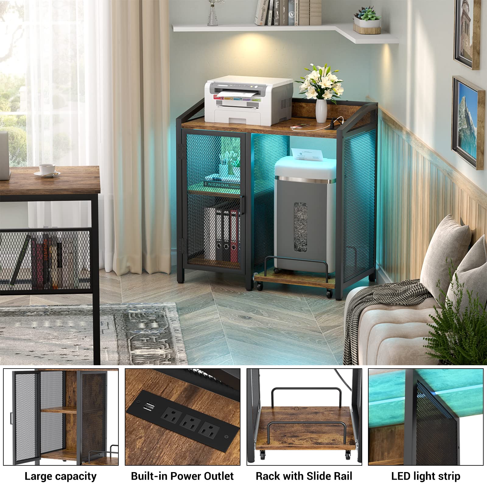 Unikito 3-Tier Large Printer Stand with Storage and LED Light, Filing Cabinet with Printer Desk and Power Outlet for Home Office, 3D Printer Table on Shredder Wheels and Adjustable Shelf, Rustic Brown