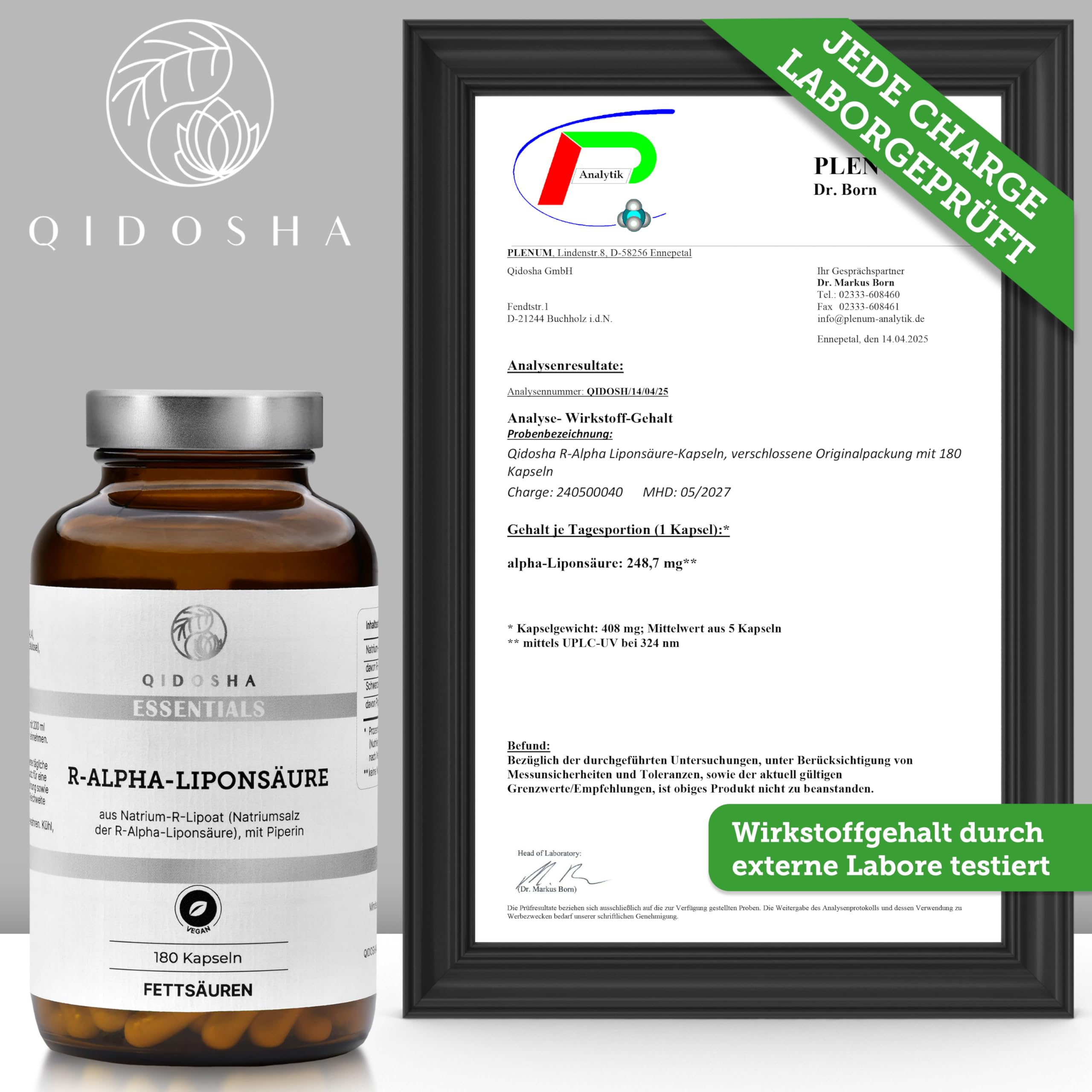 QIDOSHA® R-Alpha-Liponsäure, TESTSIEGER 07/23*, R-Alpha-Liponsäure Kapseln hochdosiert aus Na-R-Lipoat & Piperin als Bioenhancer, 180 Stk/Glas, erhöhte Bioverfügbarkeit dank Natrium-R-Lipoat