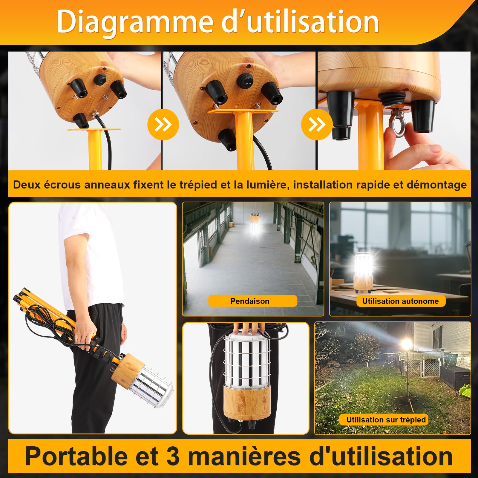 100w Projecteur de Chantier sur Trépied,12000 lumens, Lumière à 360 degrés.Utile pour l'entrepreneur et la famille. Également utilisé pour un événement extérieur/Party