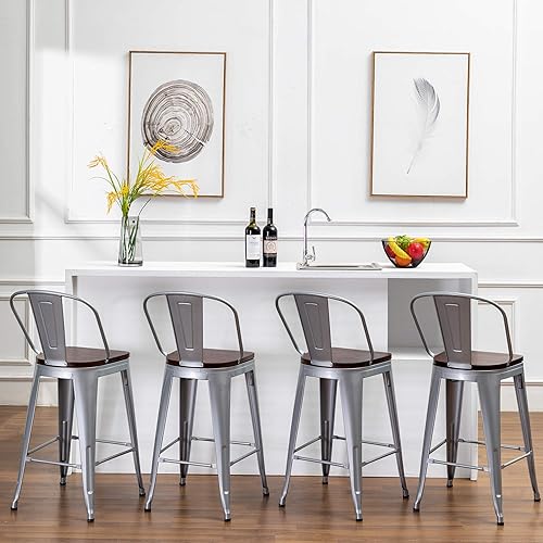 Miniatura 6 de Taburetes de bar giratorios de metal de 24 pulgadas, juego de 4 sillas de barra de altura de mostrador, taburetes de bar industriales de respaldo