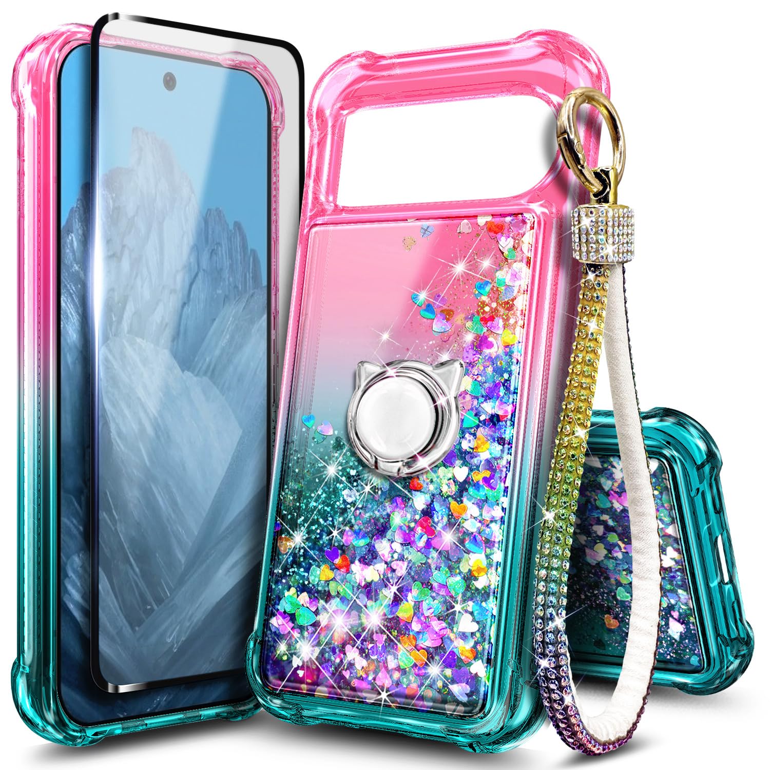 WDHD Compatible with Google Pixel 9/9 Pro Case, Pink/Aqua | Bling Sparkly Glitter Liquid Cute Phone Cover for Women Girl with Screen Protector/Ring