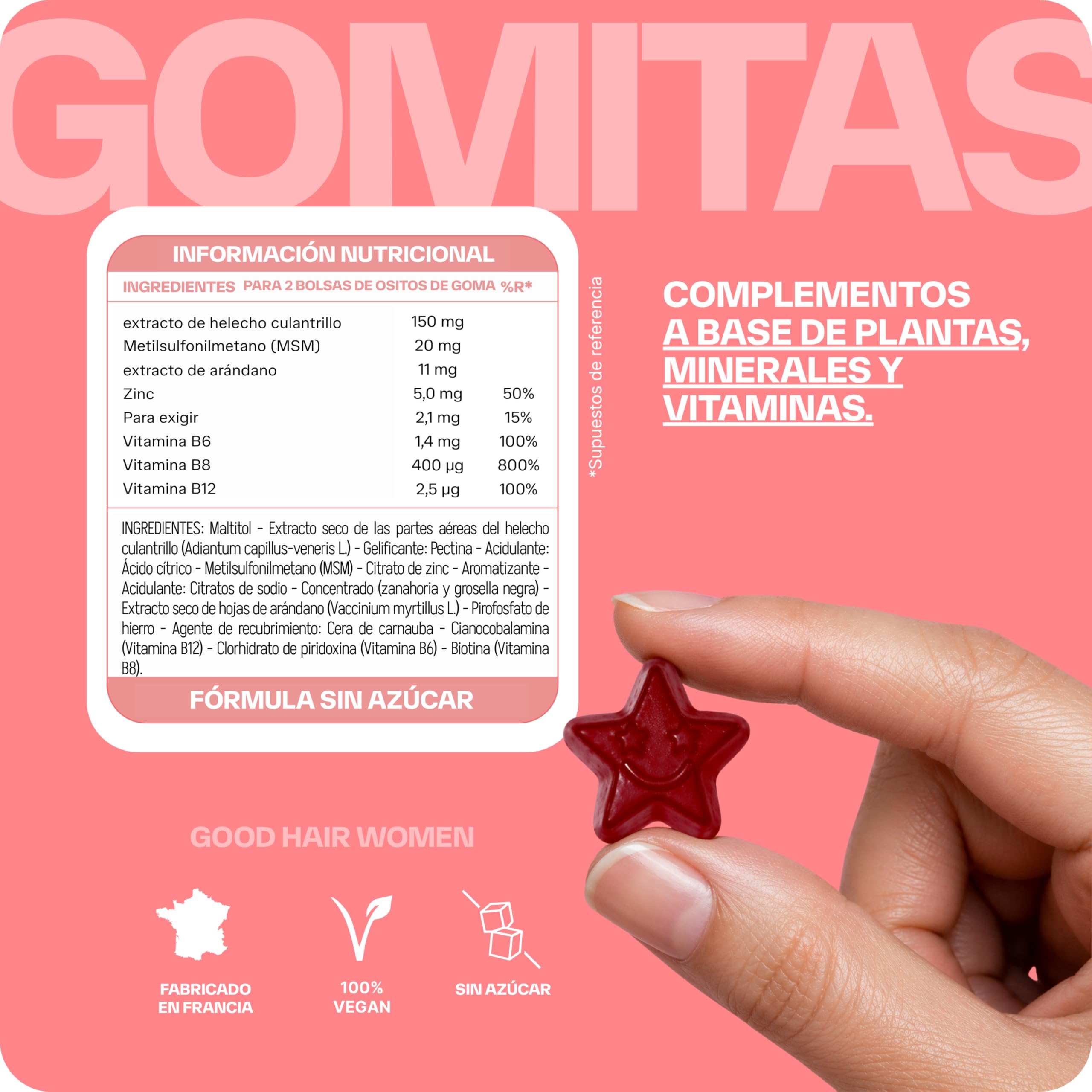 Lashilé Beauty - Complementos Alimenticios - Anticaída del Cabello, Crecimiento y Fuerza - Good Hair Women Vitamines - Fabricado en Francia - Biotina, Zinc, Hierro, MSM, Vitamina B6-180 Gummies