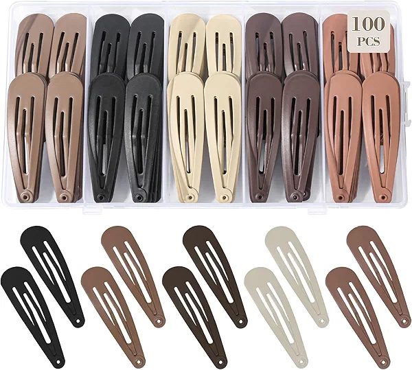 100Pcs Snap Hair Clips Hair Barrettes For Women Girls, No-Slip Metal Hair Snap Clips Accessories, Hairpins Matte 5 Colors, 2 x 0.55 Inch