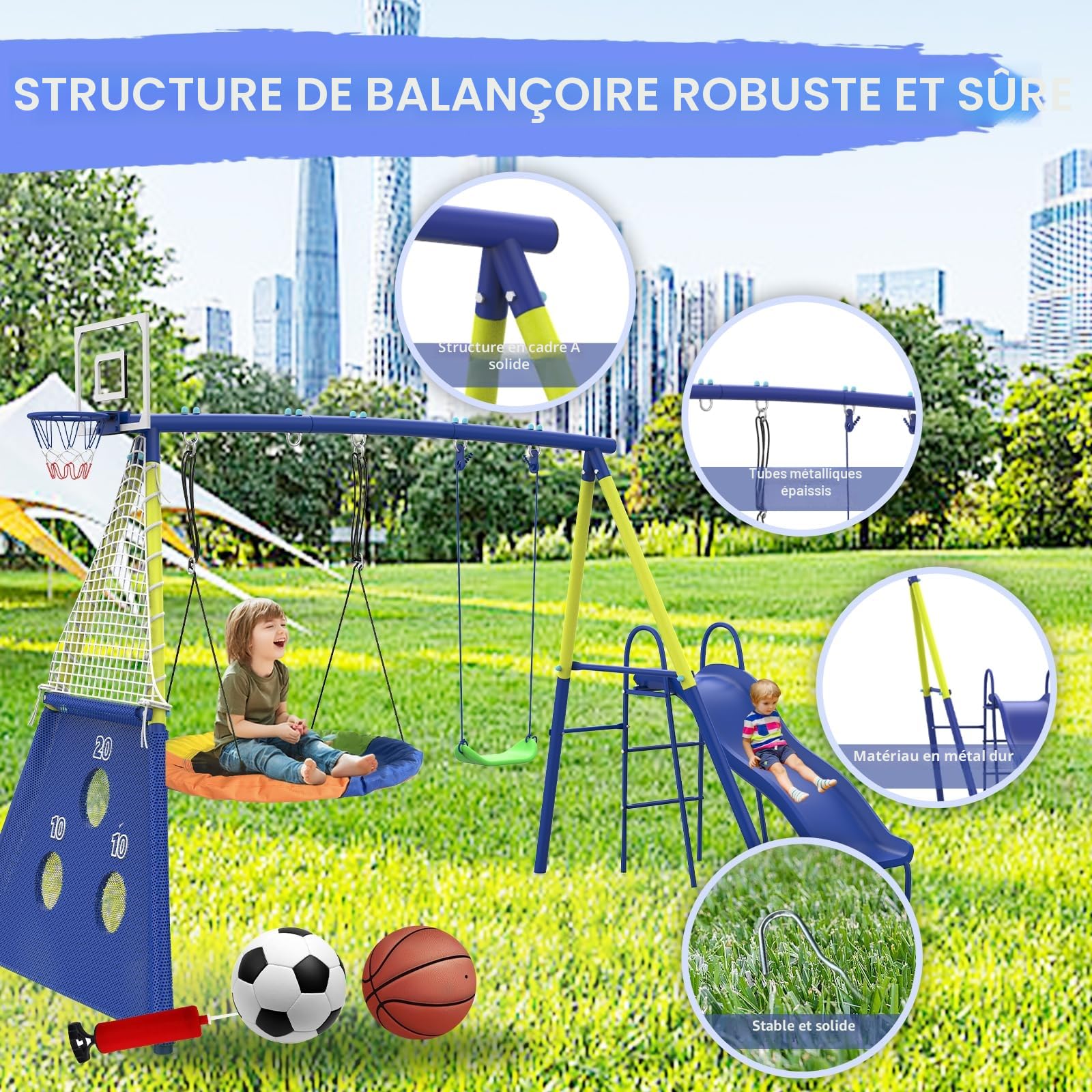 Structure de Jeu extérieur 5-en-1 pour Plusieurs Enfants, balançoire Jardin avec balançoire nid, Toboggan, Panier de Basket et Cible de Football, Armature métallique résistante dès 3 Ans