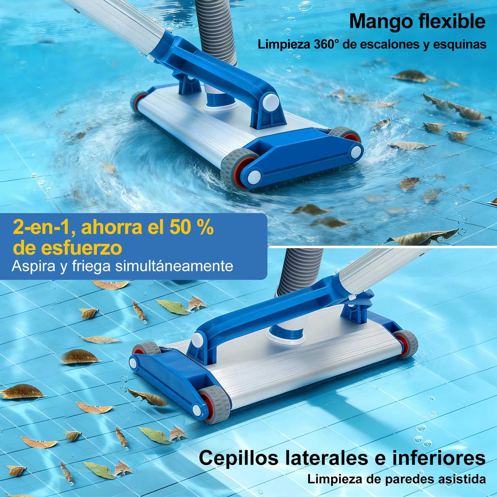 Cepillo para Piscina con Conexión de Aspiración 34 cm de Aluminio con 4 Ruedas, Cabezal Aspirador de Piscina Pesado 2,2 kg para Manguera de 38 mm, Cepillo Aspirador para Piscinas Elevadas y Enterradas — view 4