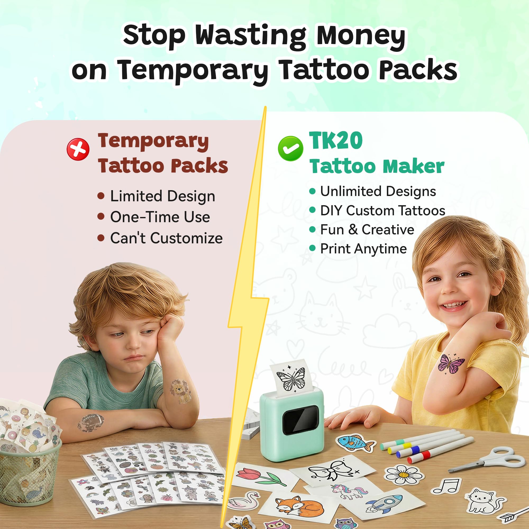 TATTMUSE Stampante Tatuaggi per Bambini, Regalo Bambina 6 7 8 9 10 Anni con 40 fogli per Tattoo e 4 Pennarelli, Tatuaggi Temporanei - Attività Fai da te per Giochi Bambina 11 12 Anni