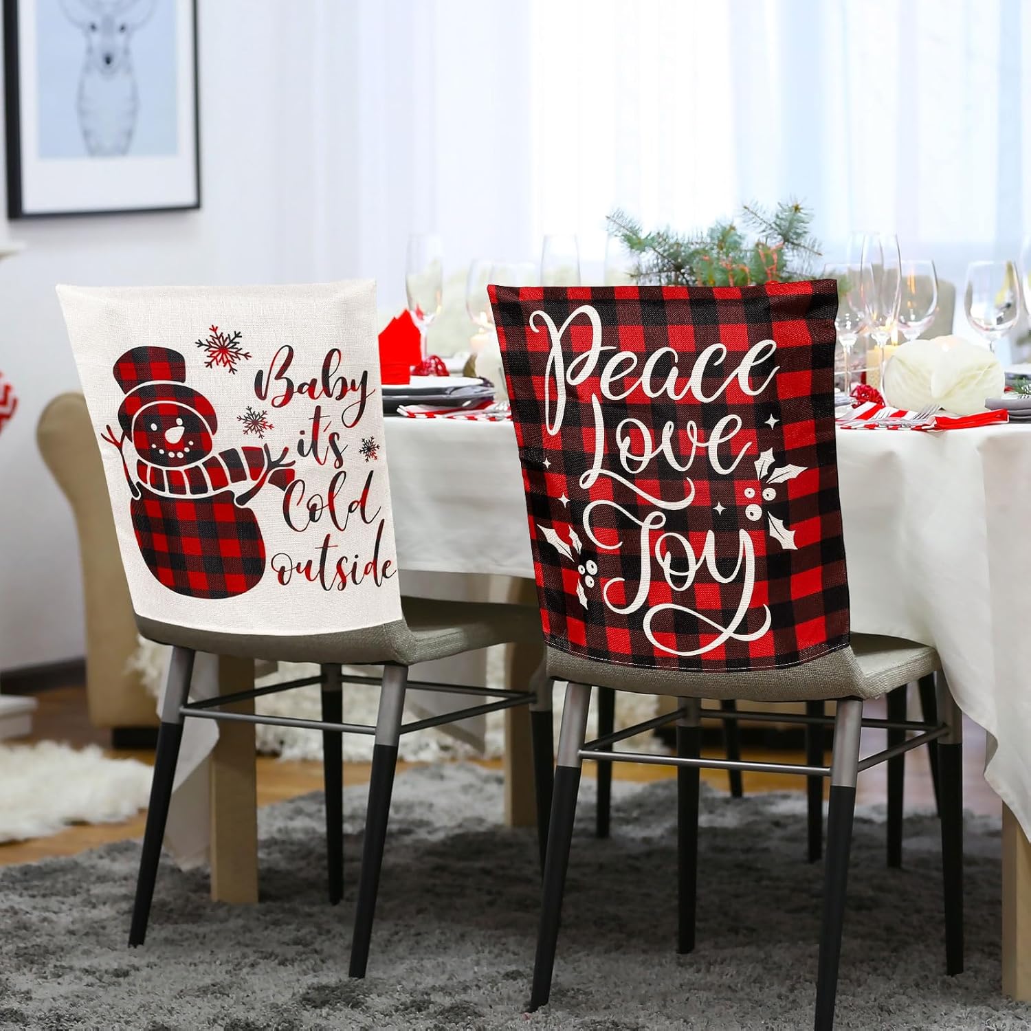 Whaline 6Pcs Christmas Chair Covers Xmas Tree Snowman Pattern Chair Back Covers Buffalo Plaid Dining Room Seat Cover Red Black Chair Slipcovers for Home Kitchen Hotel