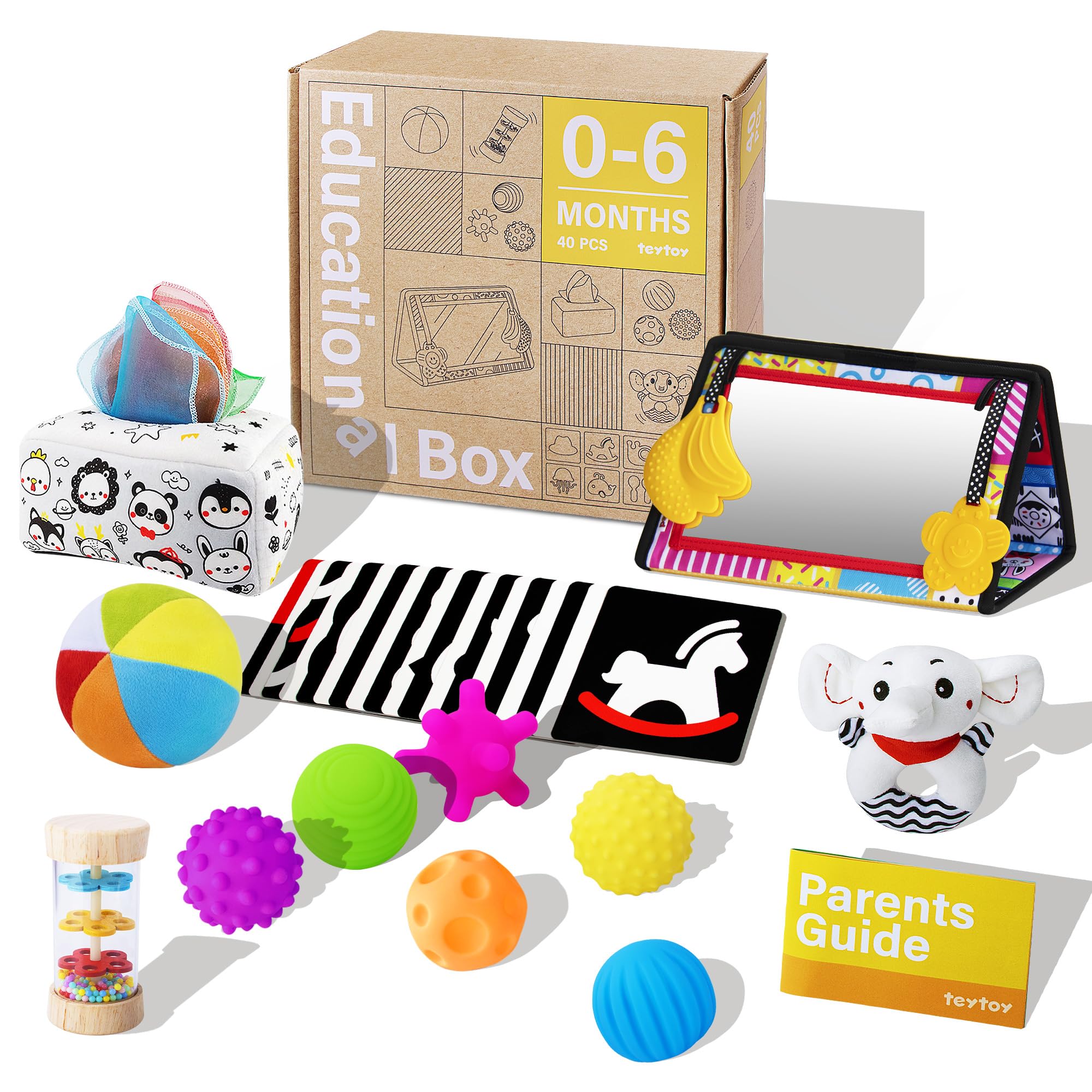 Montessori Toys for Babies 0-6 Months,7 in 1 Newborn Toys Baby Gifts Set Early Learning Toys with Black & White Baby Flashcards,Tummy Time Mirror,Baby Rattle,Sensory Balls,Tissue Box Toys,Rain Stick