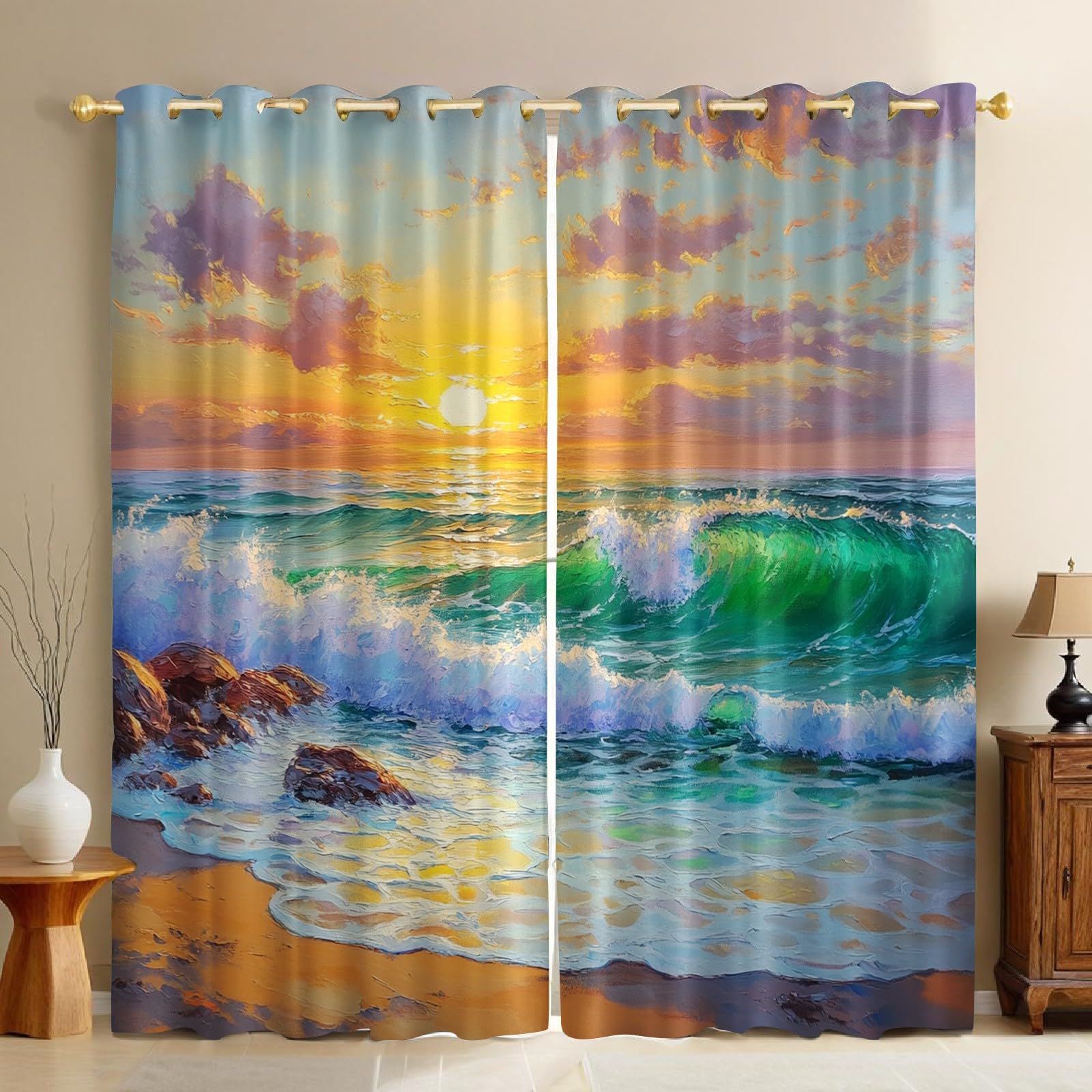 Rideaux occultants pour chambre d'enfant peinture à l'huile sur la plage 2 pièces 70x160 cm