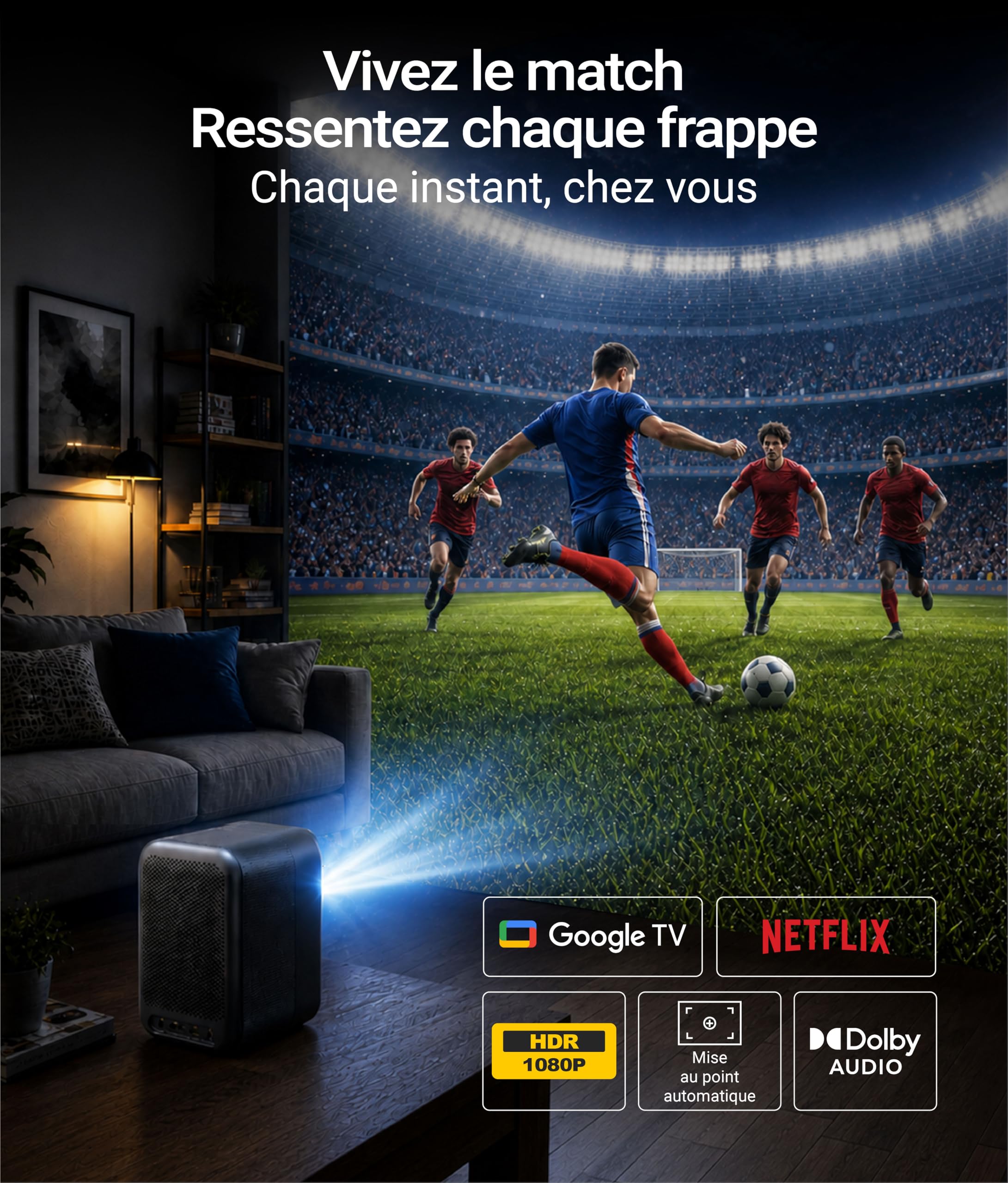 vidéoprojecteur Intelligent AllPlay avec Google TV, Full HD 1080p, WiFi et Bluetooth, Mise au Point Automatique, Correction trapézoïdale, Audio Dolby, Portable avec étui
