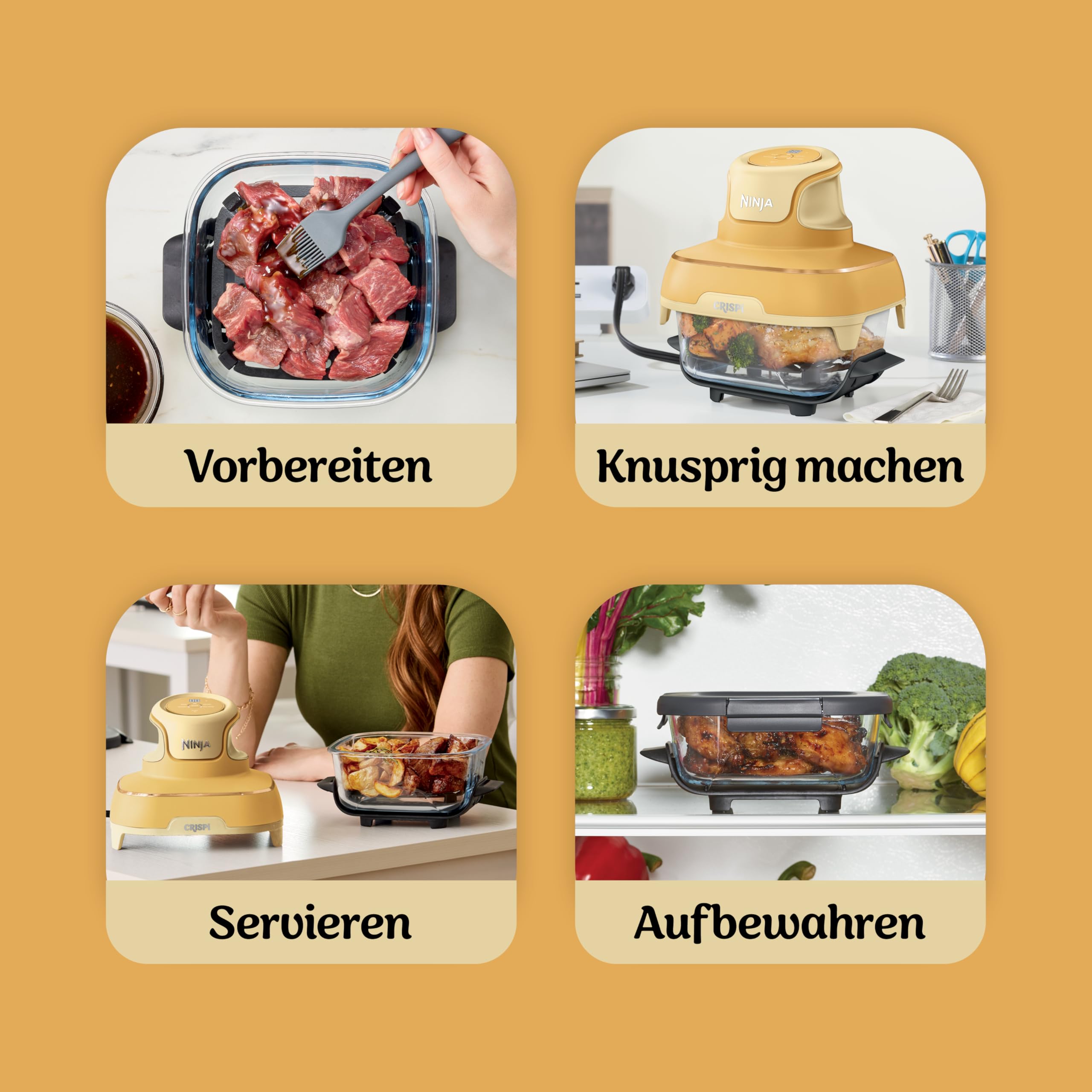 Ninja CRISPi Tragbare Heißluftfritteuse, 3,8 l & 1,4 l, 4-in-1: Heißluftfrittieren, Braten, Warmhalten, Aufknuspern, kompakt, 6 Portionen, 2 Glasbehälter & Deckel, 1700 W, Ingwerbraun FN101EUGD