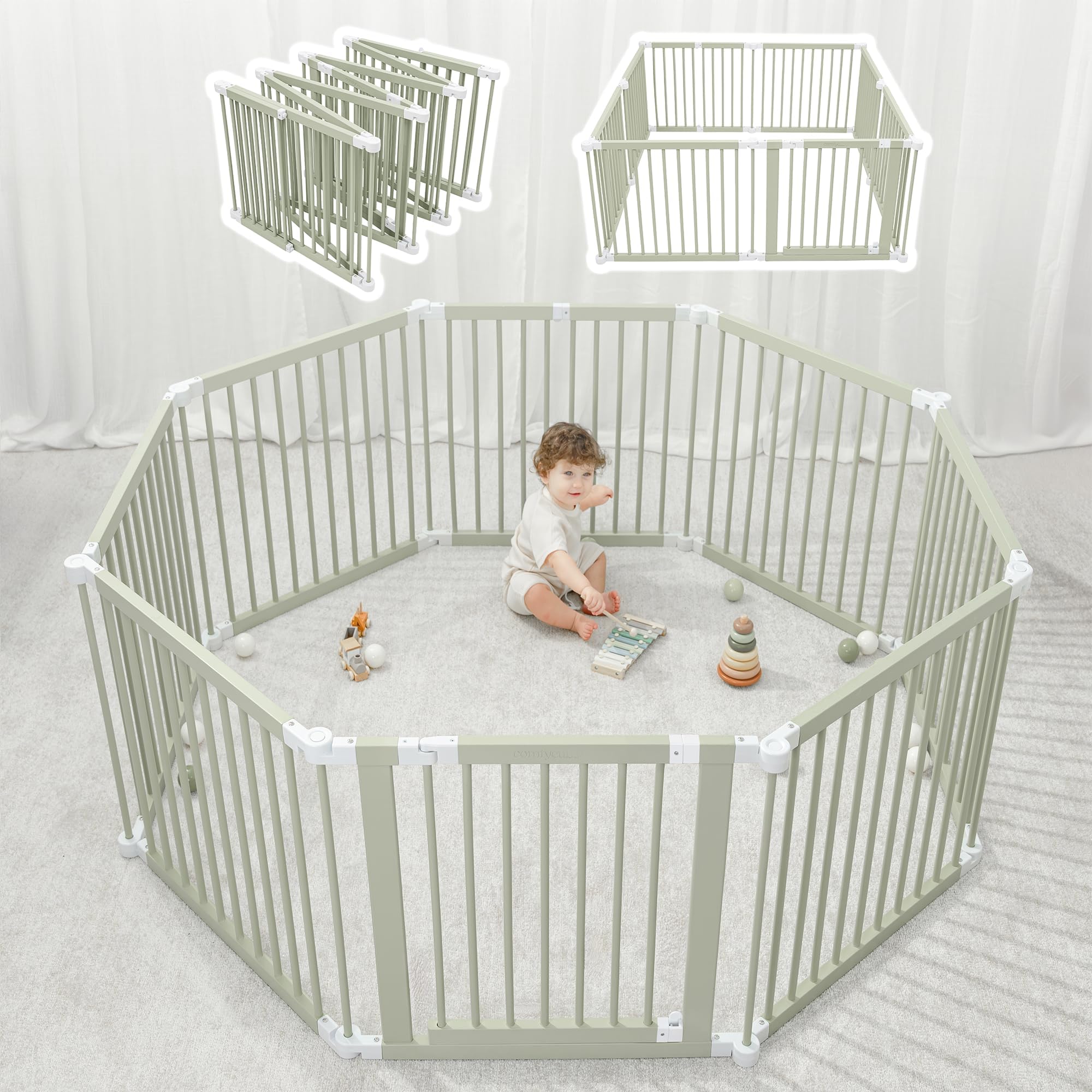 Comfy Cubs Baby Gate Playpen - 57 x 57 x 25 in, Extends Up to 228” - Pine Wood Foldable Playpen with Child-Proof Lock - Easy Assembly Baby Fence Play Area for Babies & Toddlers - Sage