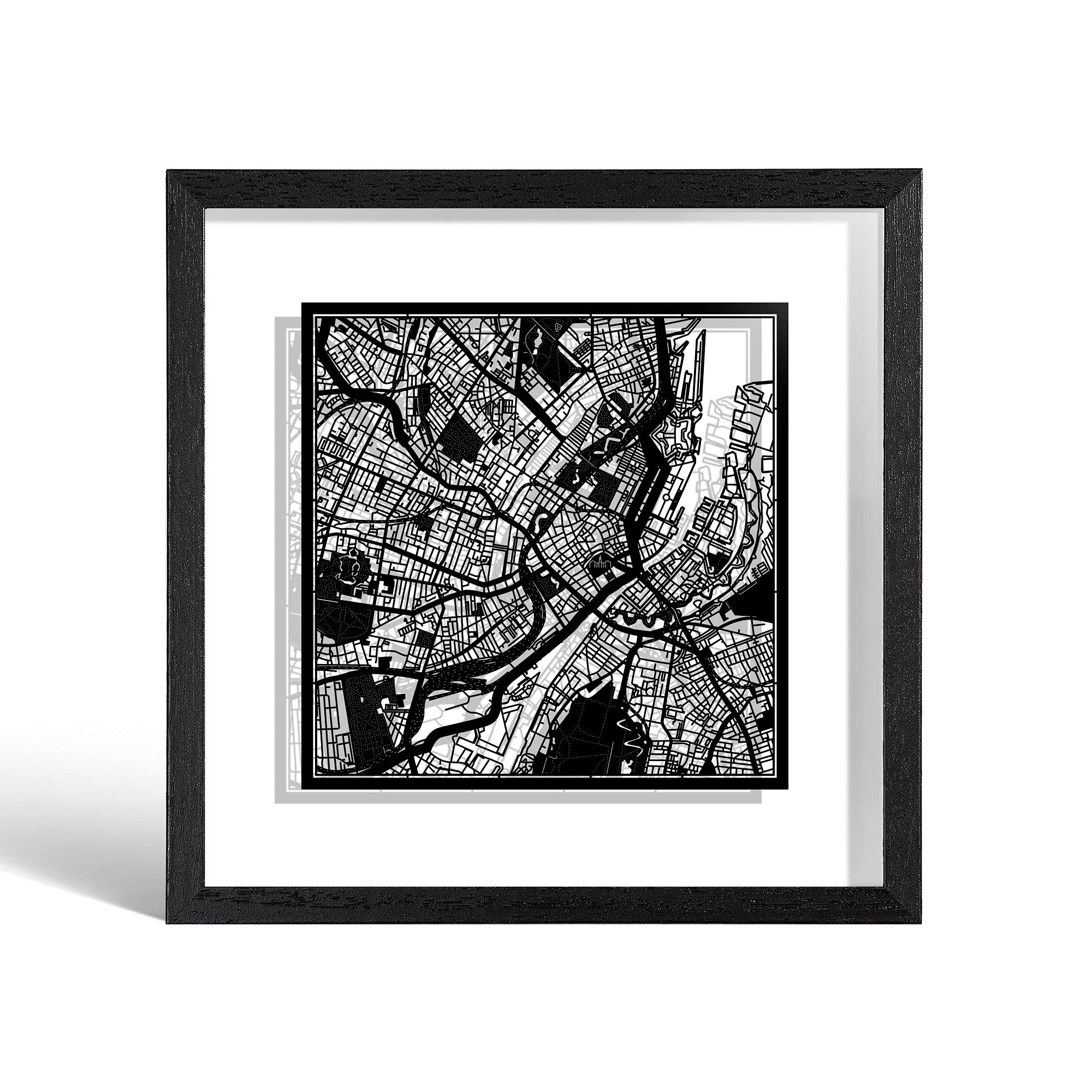O3 DESIGN STUDIO Copenhagen Paper Cut Map framed, Black map, Black frame, 23x23 cm, Gift Boxed, 2 background color, self-changing, Paper Art